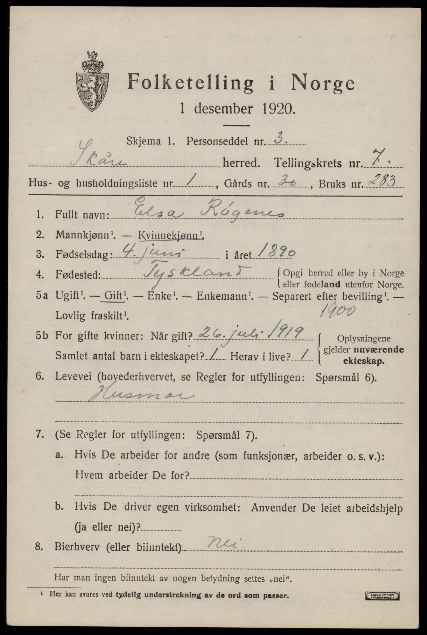 SAST, 1920 census for Skåre, 1920, p. 4718