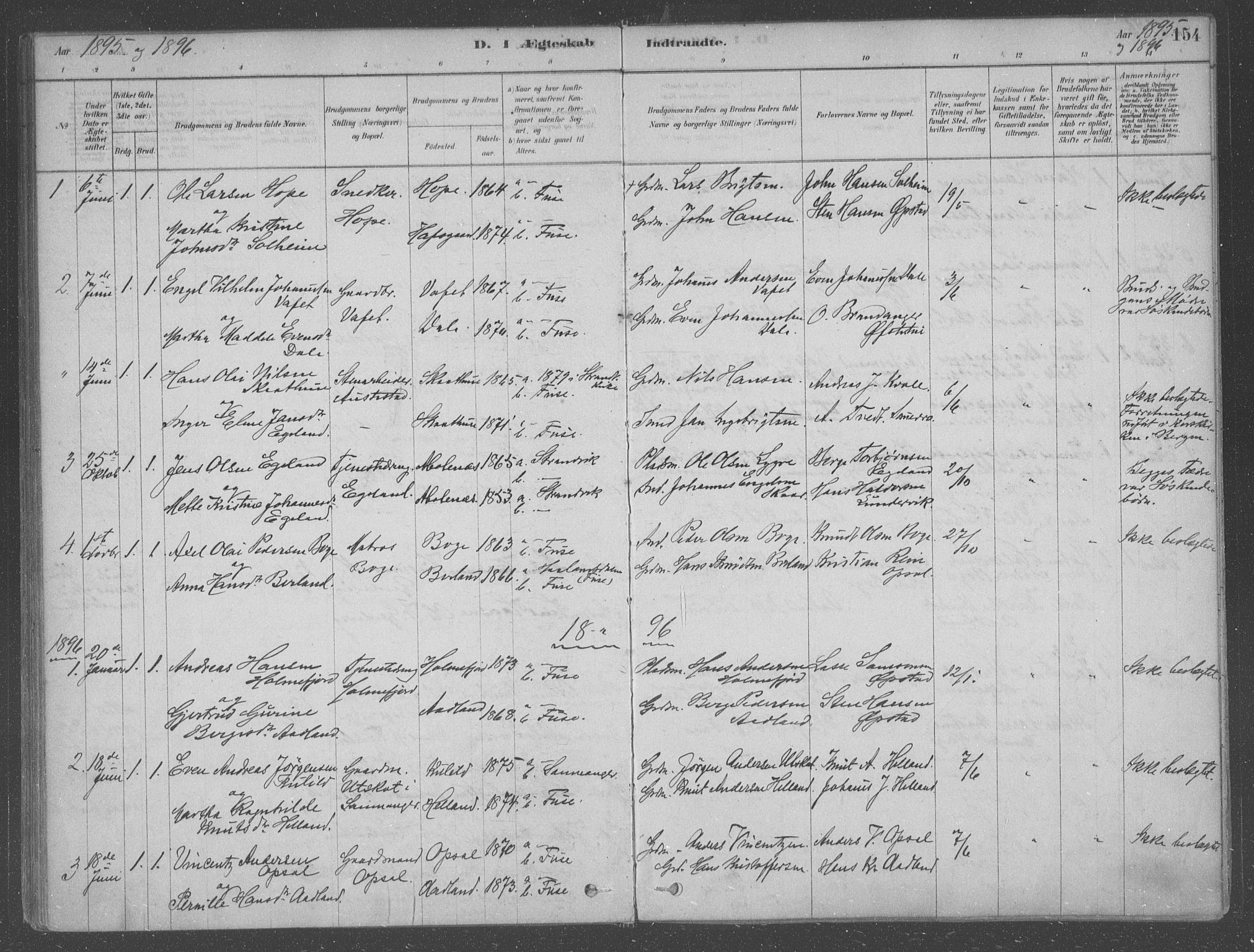 Fusa sokneprestembete, SAB/A-75401/H/Haa: Parish register (official) no. B 1, 1880-1938, p. 154