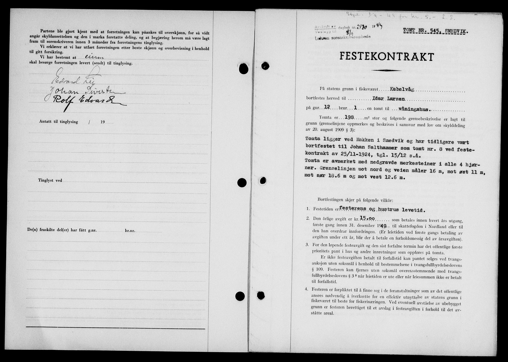 Lofoten sorenskriveri, SAT/A-0017/1/2/2C/L0021a: Mortgage book no. 21a, 1949-1949, Diary no: : 2130/1949