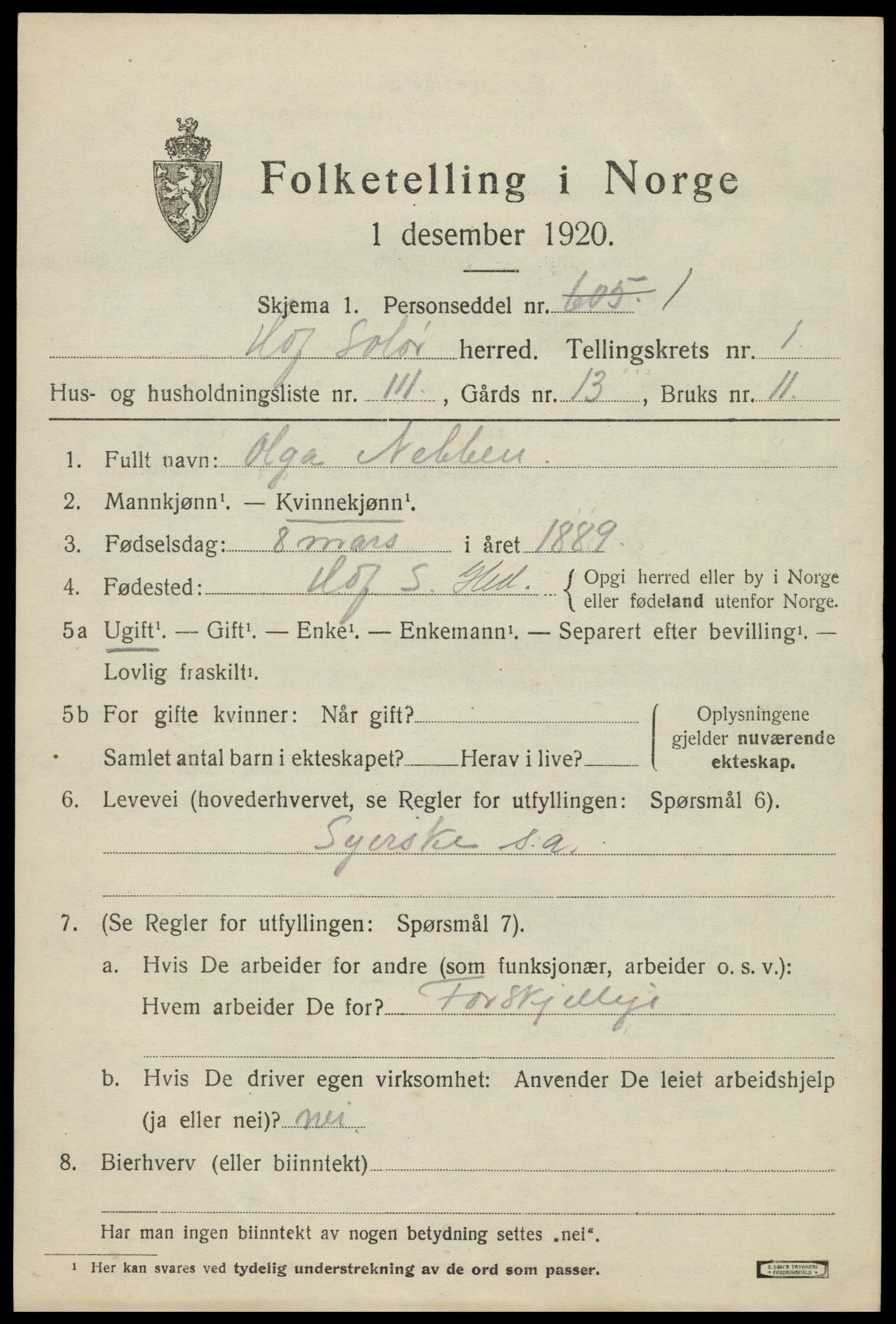 SAH, 1920 census for Hof, 1920, p. 2511