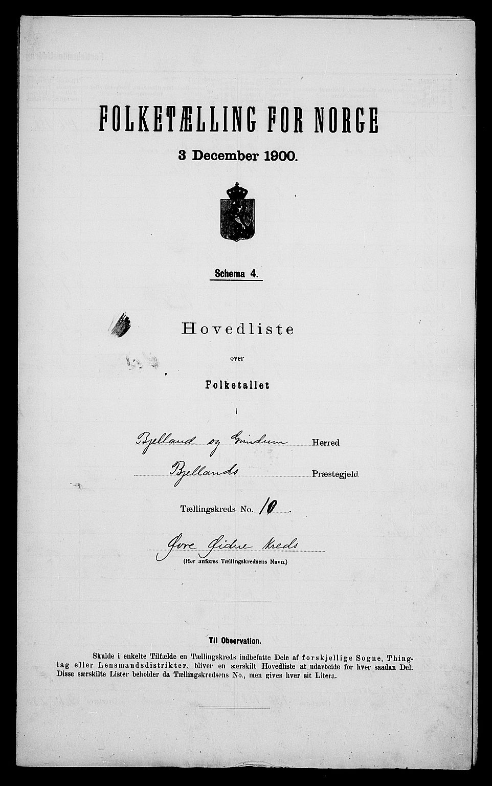 SAK, 1900 census for Bjelland og Grindheim, 1900, p. 24