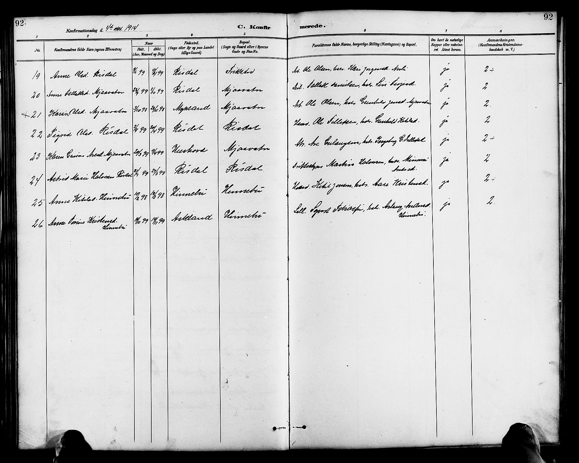 Herefoss sokneprestkontor, AV/SAK-1111-0019/F/Fb/Fbc/L0003: Parish register (copy) no. B 3, 1887-1915, p. 92