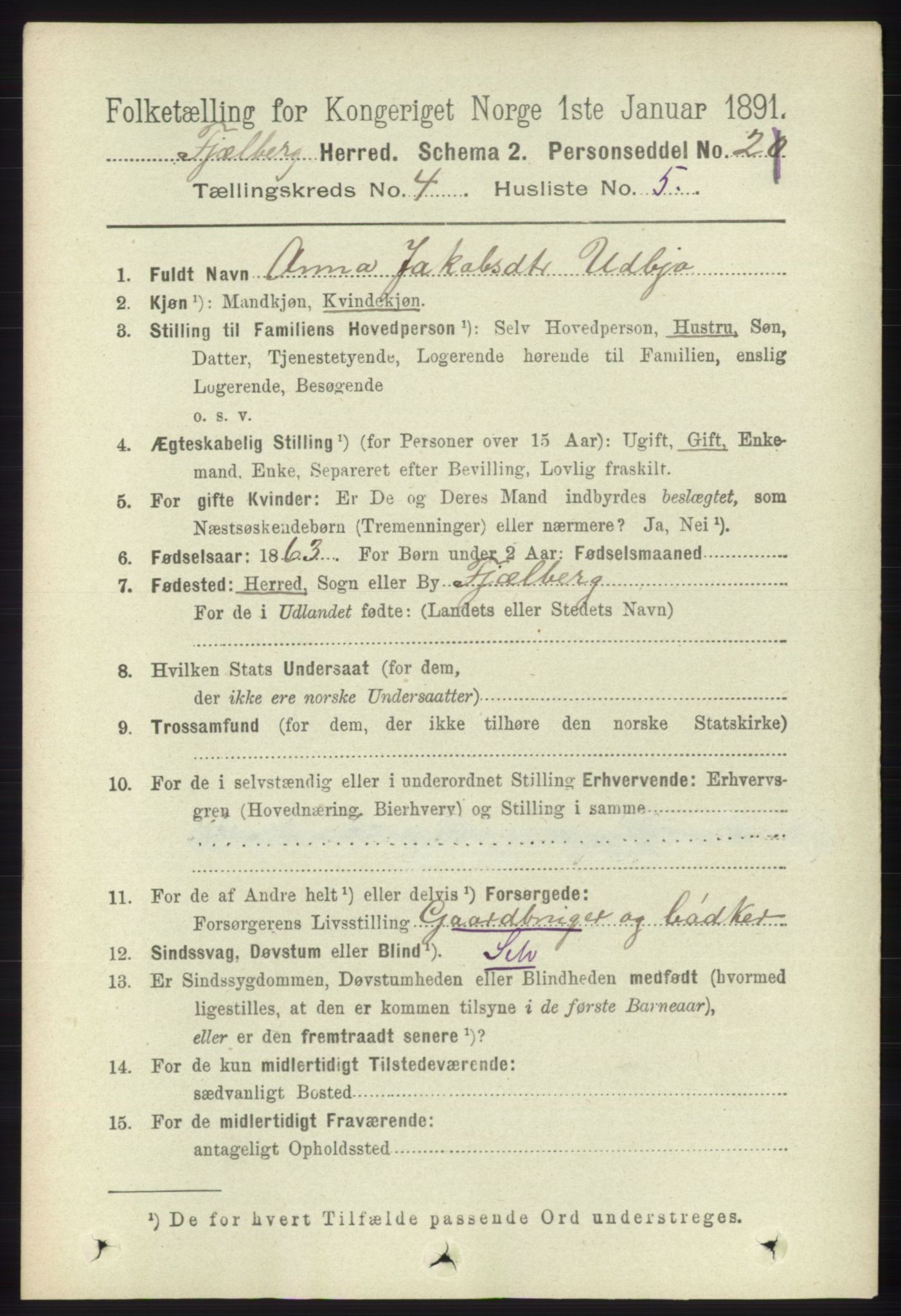 RA, 1891 census for 1213 Fjelberg, 1891, p. 1190