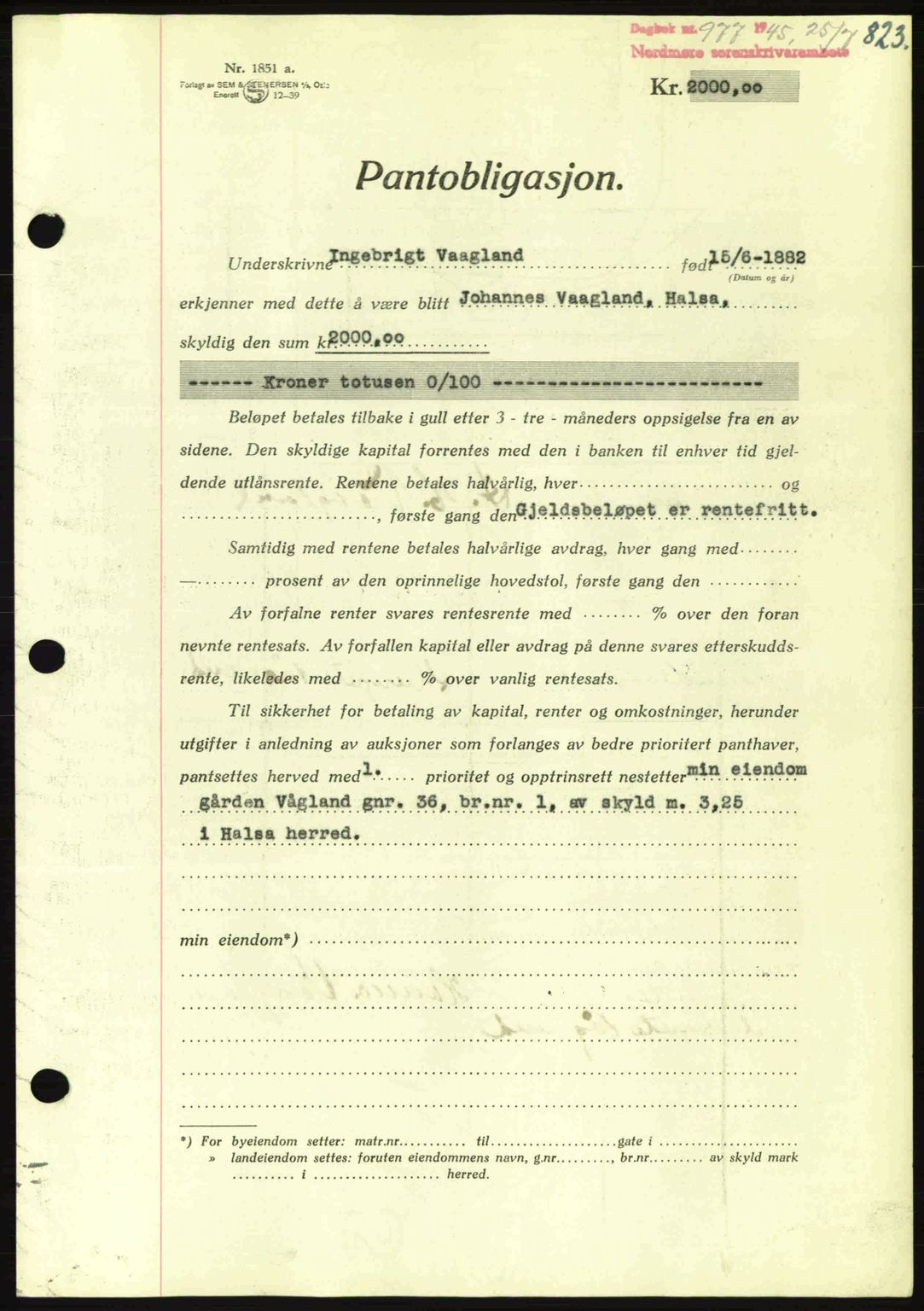 Nordmøre sorenskriveri, AV/SAT-A-4132/1/2/2Ca: Mortgage book no. B92, 1944-1945, Diary no: : 977/1945