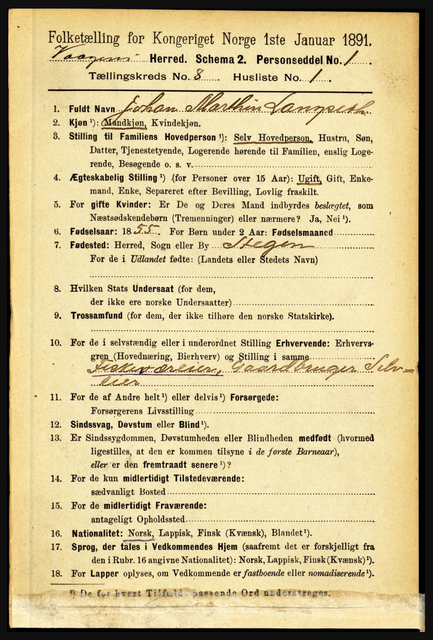 RA, 1891 census for 1865 Vågan, 1891, p. 2095