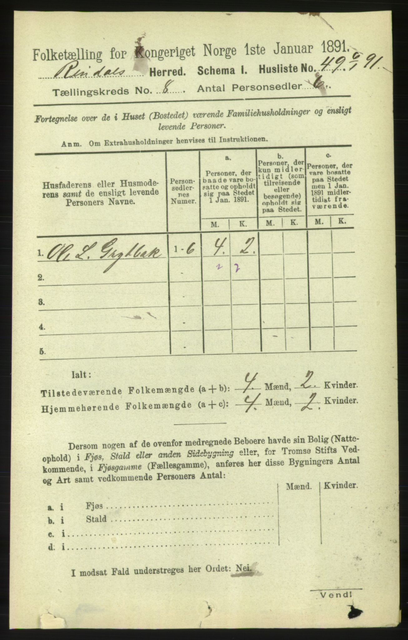 RA, 1891 census for 1567 Rindal, 1891, p. 2456