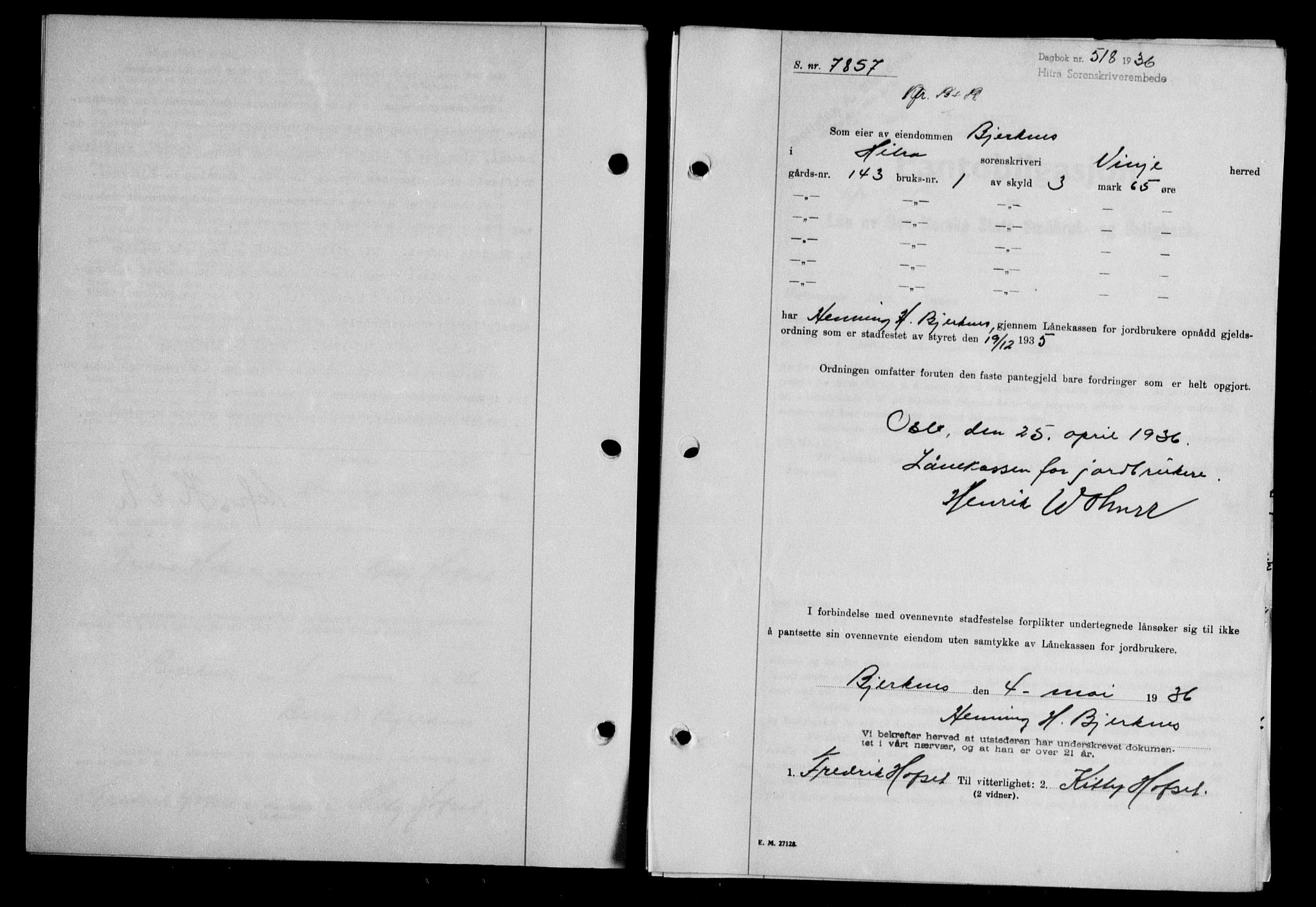 Hitra sorenskriveri, AV/SAT-A-0018/2/2C/2Ca/L0028: Mortgage book no. B-1, 1936-1939, Diary no: : 518/1936