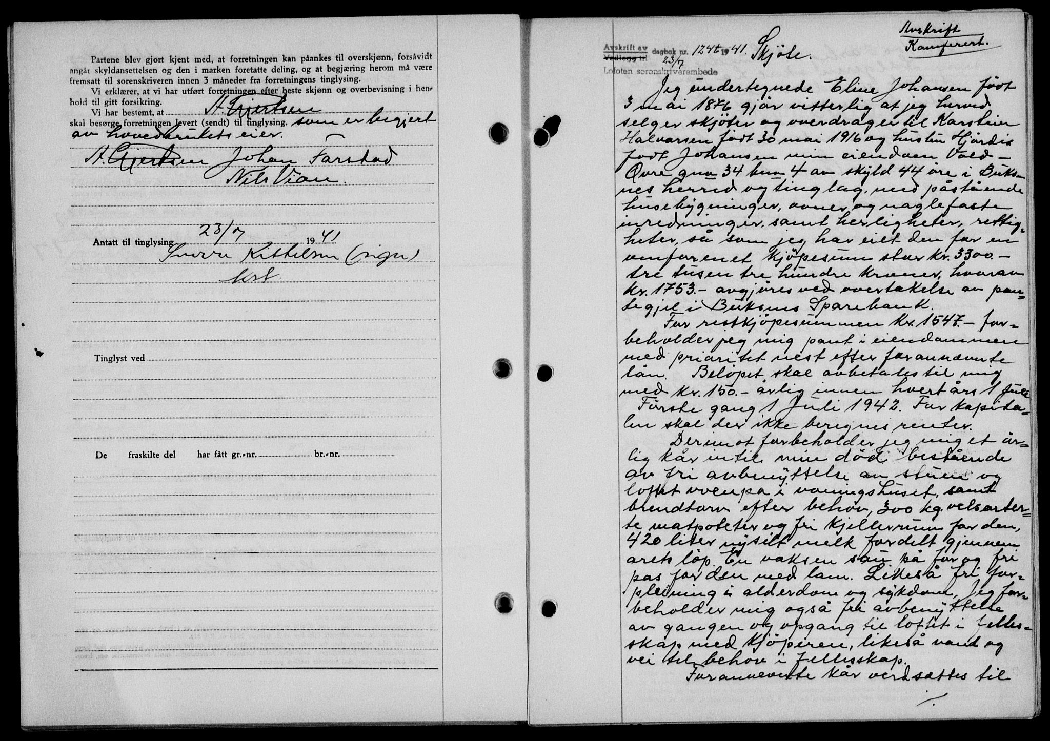 Lofoten sorenskriveri, SAT/A-0017/1/2/2C/L0008a: Mortgage book no. 8a, 1940-1941, Diary no: : 1246/1941