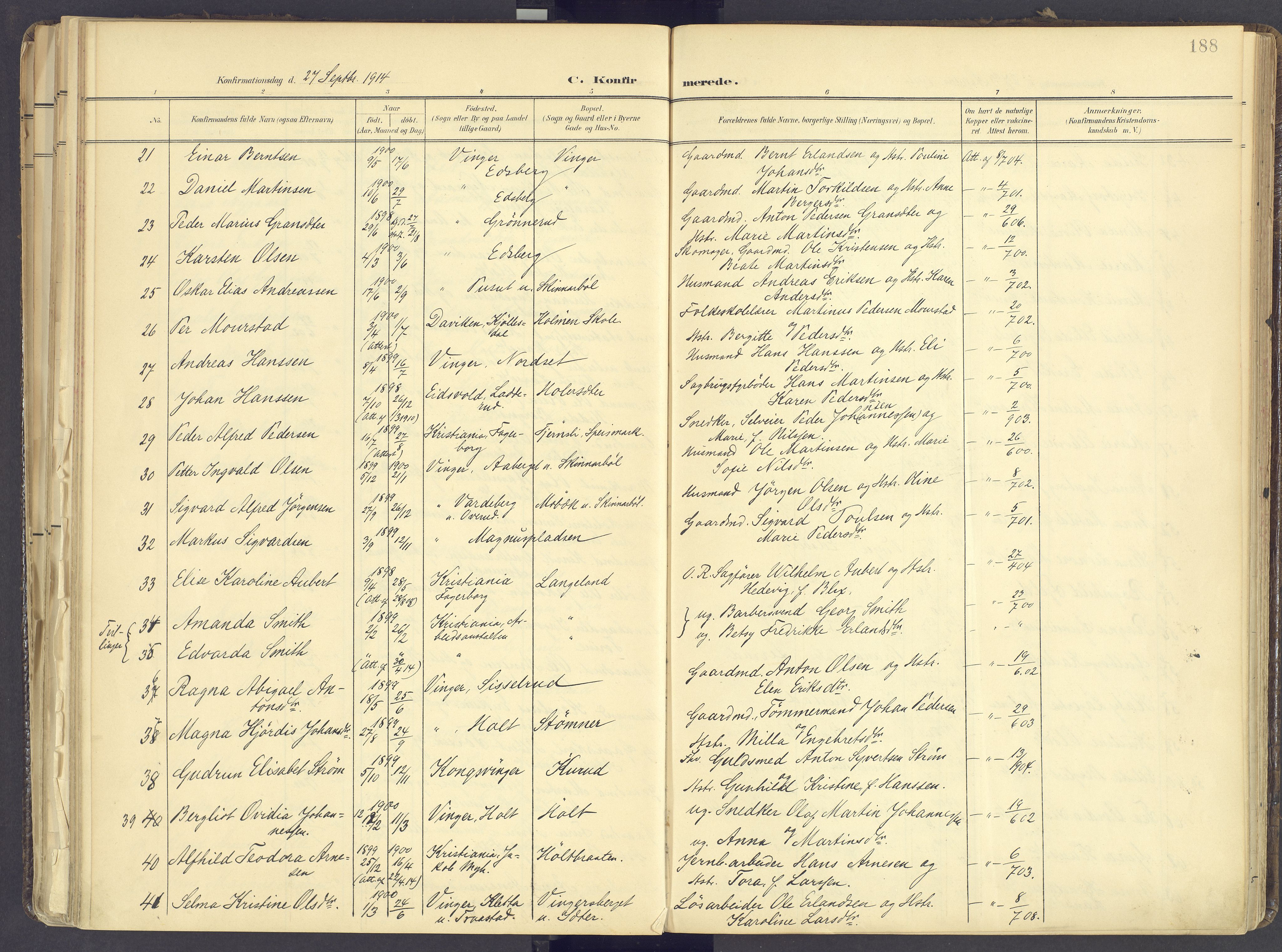 Vinger prestekontor, AV/SAH-PREST-024/H/Ha/Haa/L0017: Parish register (official) no. 17, 1901-1927, p. 188