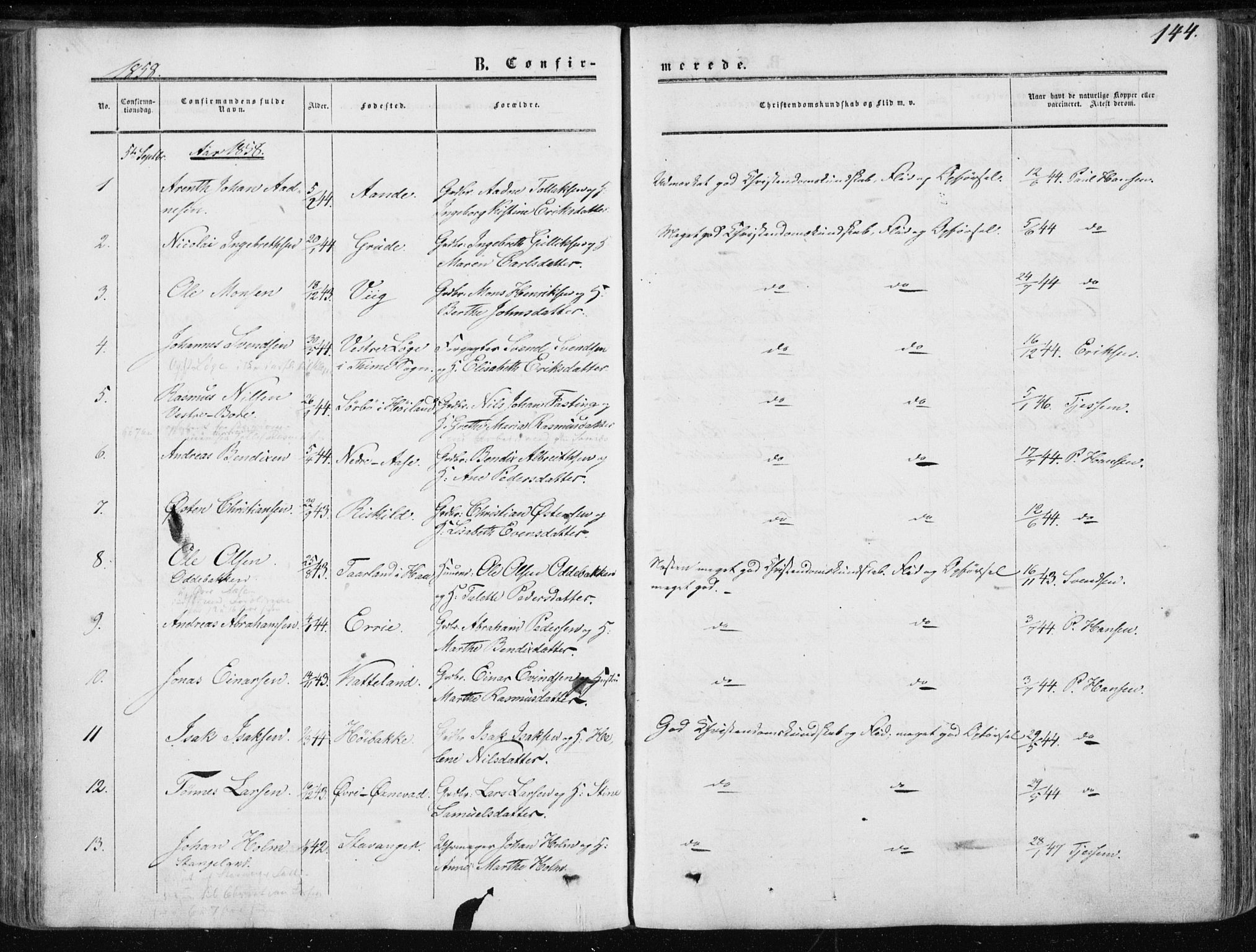 Klepp sokneprestkontor, AV/SAST-A-101803/001/3/30BA/L0005: Parish register (official) no. A 5, 1853-1870, p. 144