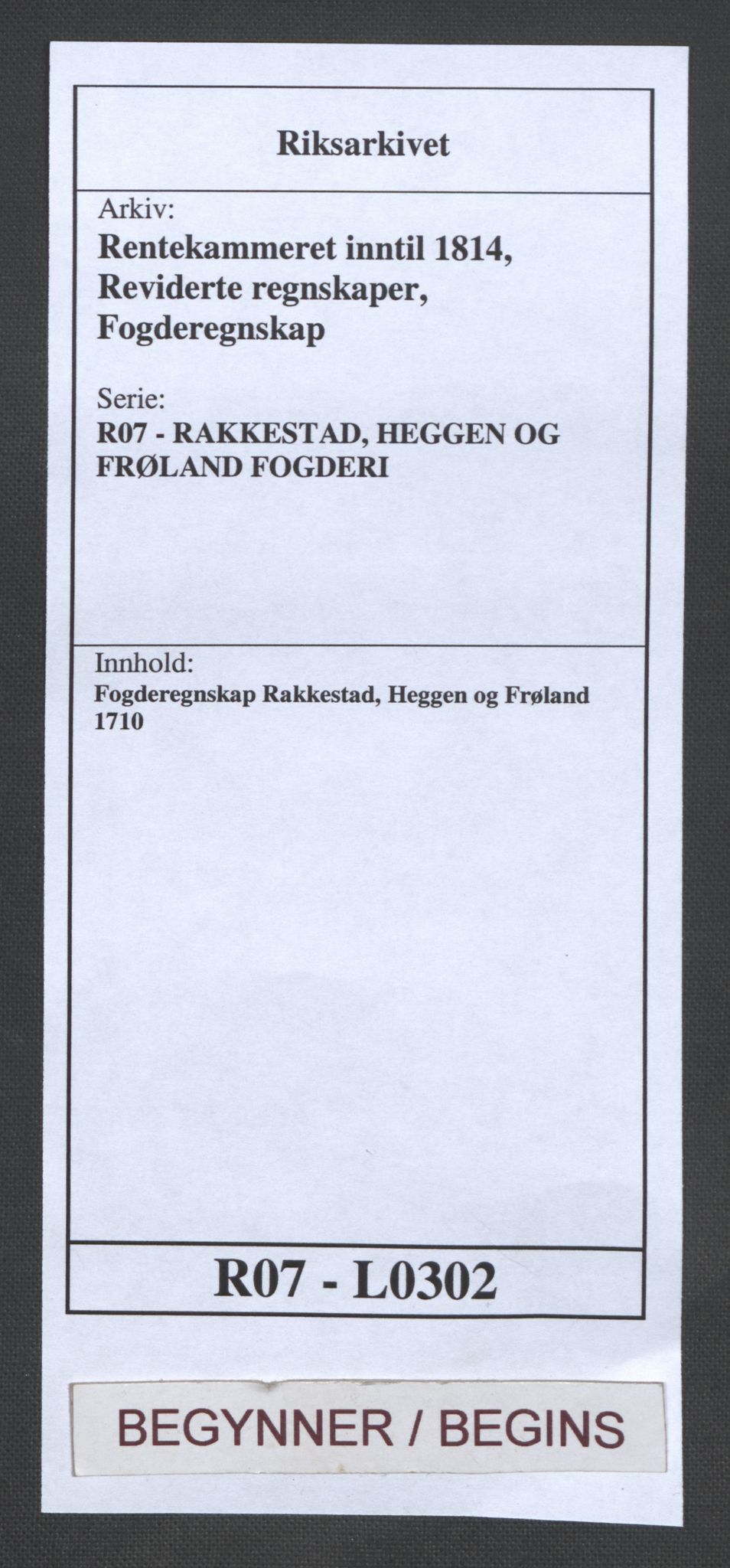 Rentekammeret inntil 1814, Reviderte regnskaper, Fogderegnskap, AV/RA-EA-4092/R07/L0302: Fogderegnskap Rakkestad, Heggen og Frøland, 1710, p. 1