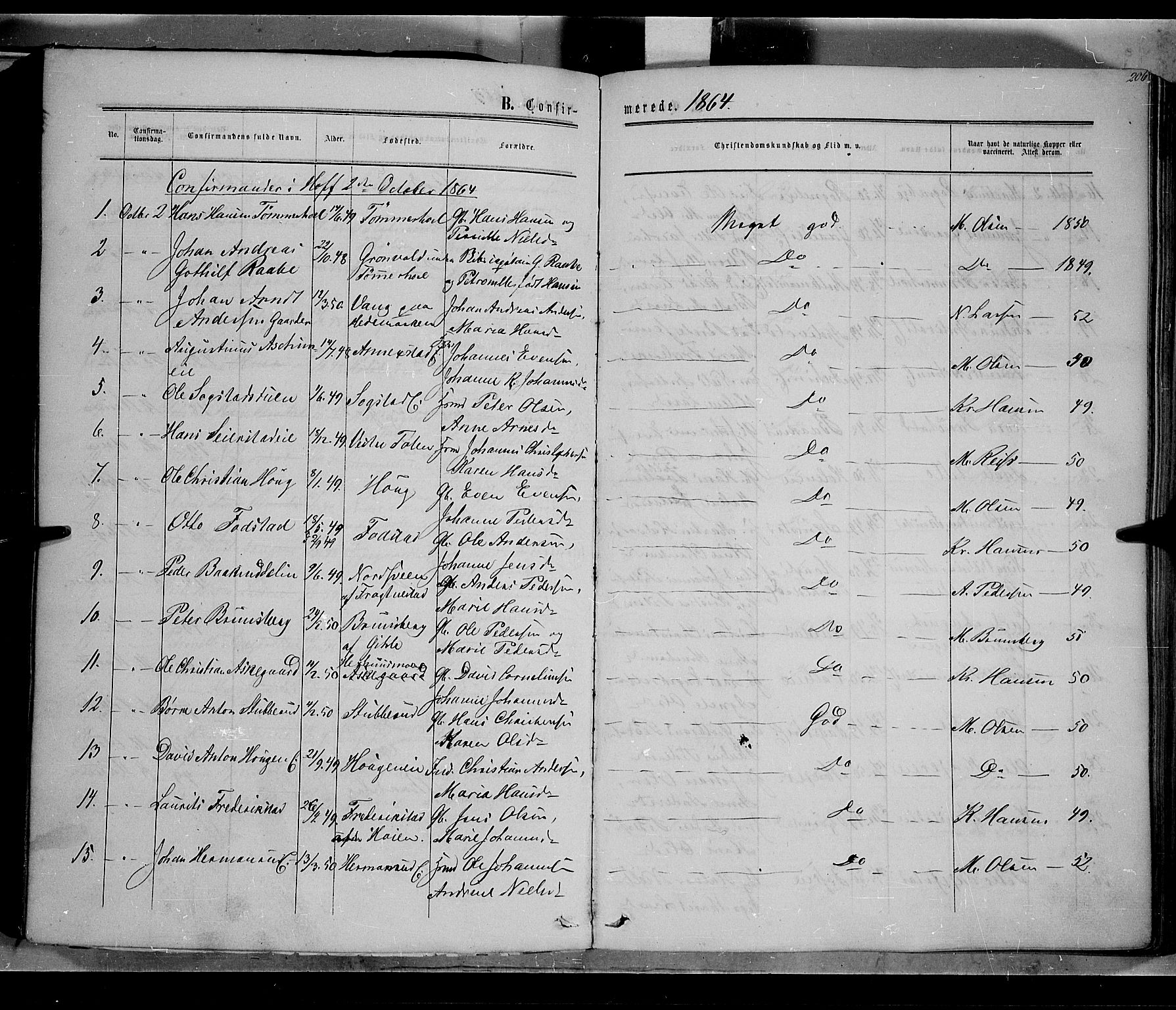 Østre Toten prestekontor, SAH/PREST-104/H/Ha/Haa/L0004: Parish register (official) no. 4, 1857-1865, p. 206