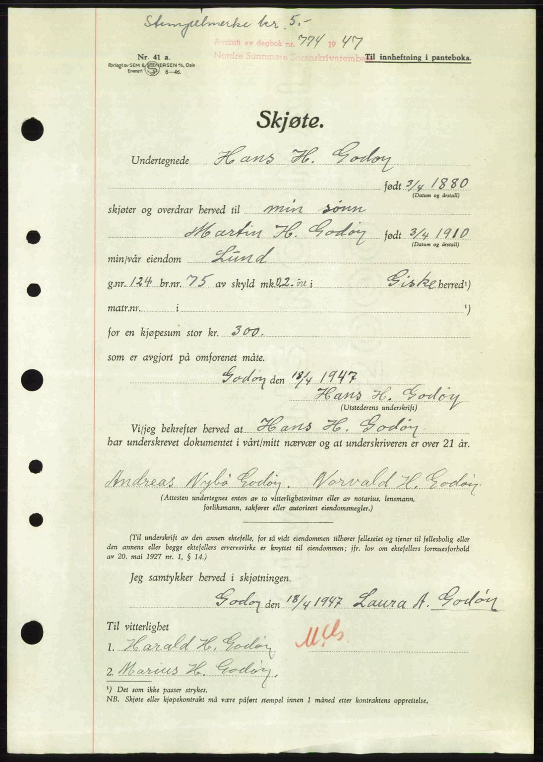 Nordre Sunnmøre sorenskriveri, AV/SAT-A-0006/1/2/2C/2Ca: Mortgage book no. A24, 1947-1947, Diary no: : 774/1947