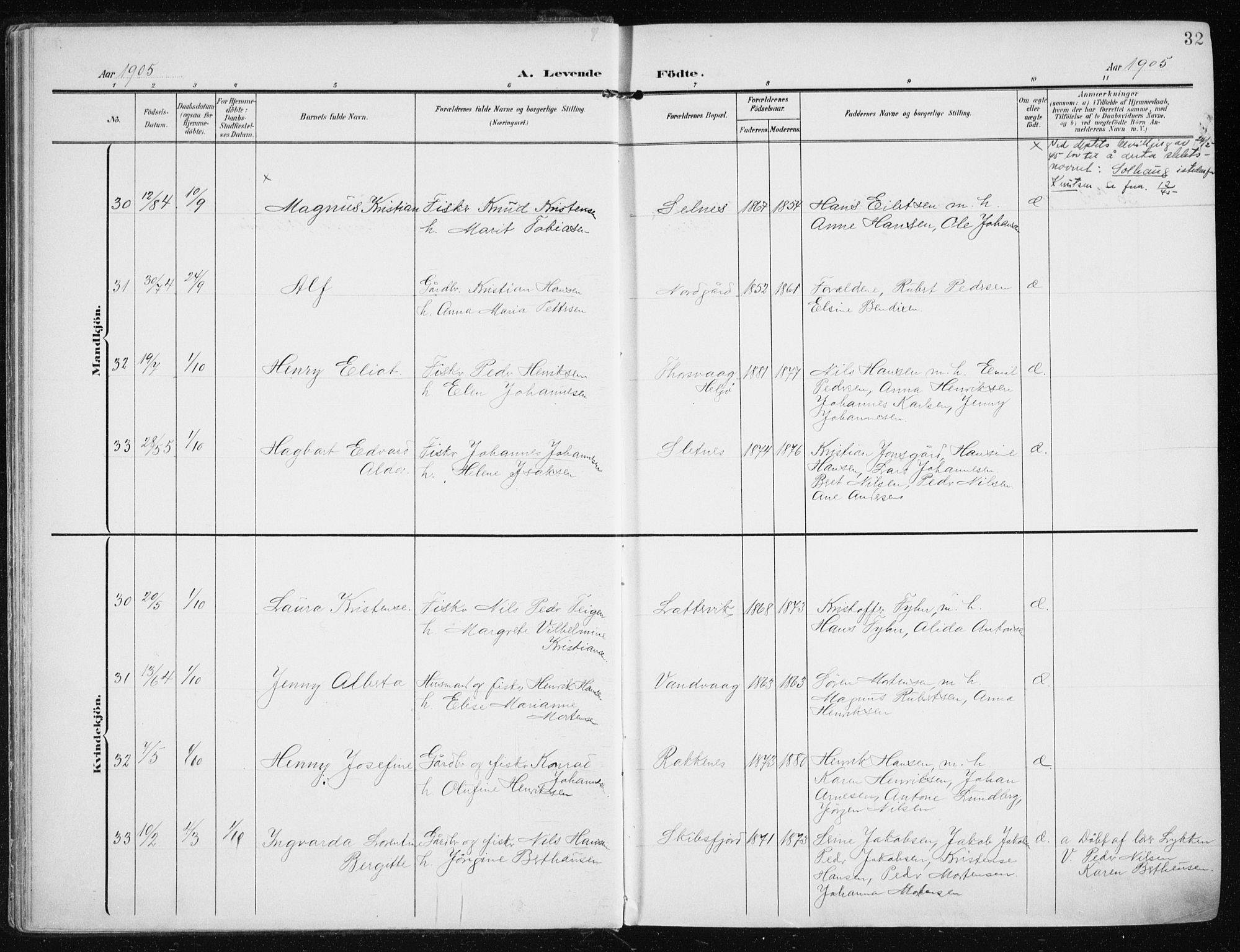 Karlsøy sokneprestembete, SATØ/S-1299/H/Ha/Haa/L0014kirke: Parish register (official) no. 14, 1903-1917, p. 32