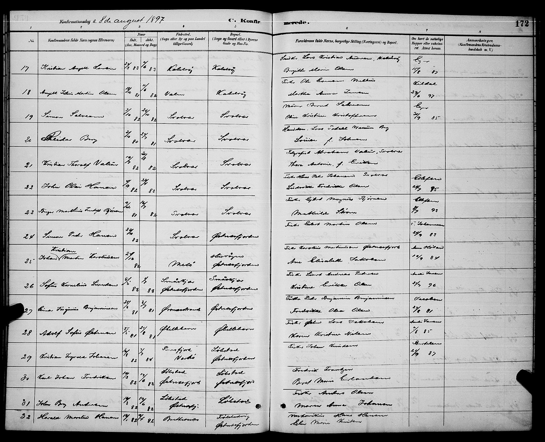 Ministerialprotokoller, klokkerbøker og fødselsregistre - Nordland, AV/SAT-A-1459/874/L1077: Parish register (copy) no. 874C06, 1891-1900, p. 172