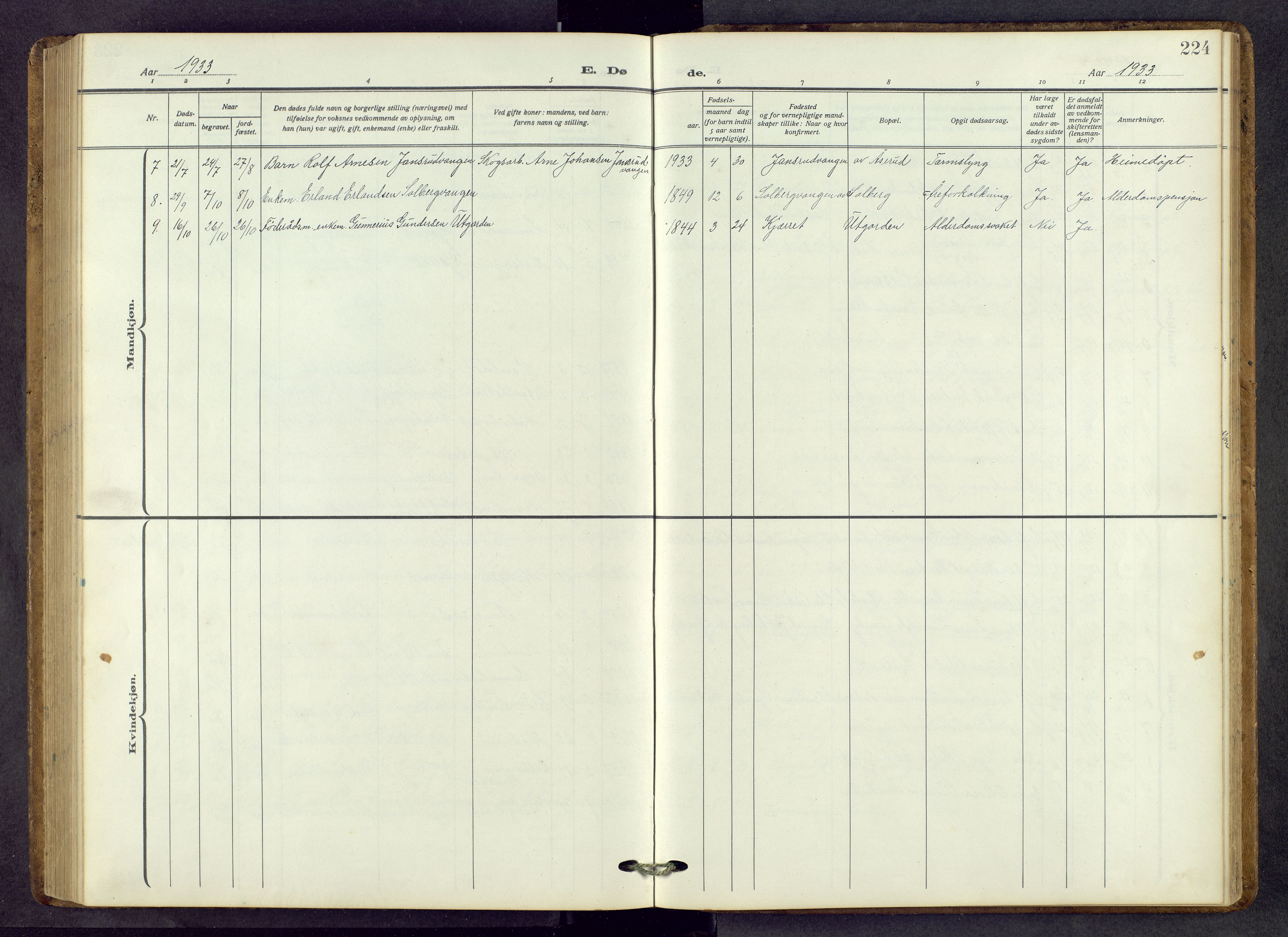 Vinger prestekontor, AV/SAH-PREST-024/H/Ha/Hab/L0006: Parish register (copy) no. 6, 1921-1973, p. 224