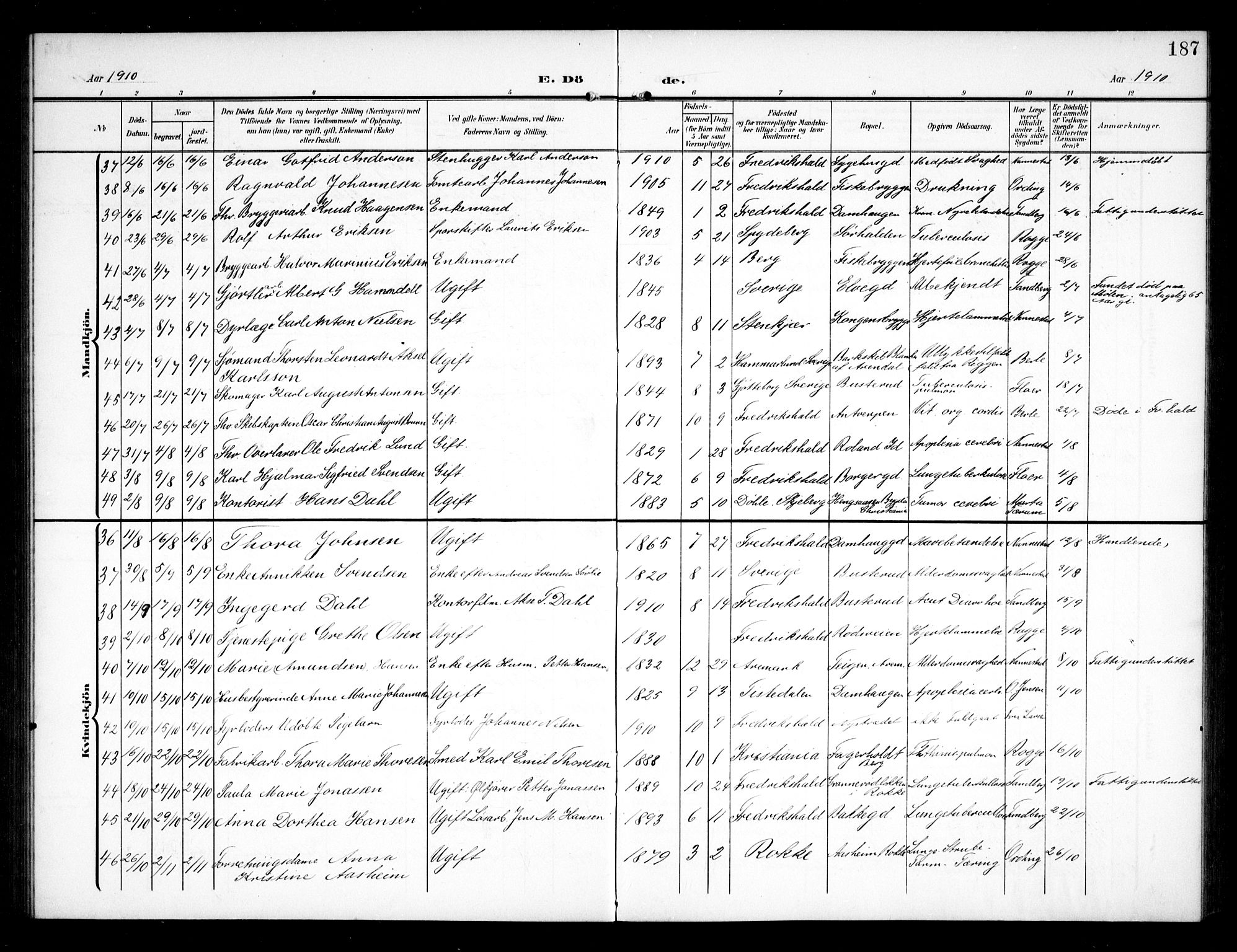 Halden prestekontor Kirkebøker, AV/SAO-A-10909/G/Ga/L0011: Parish register (copy) no. 11, 1906-1934, p. 187