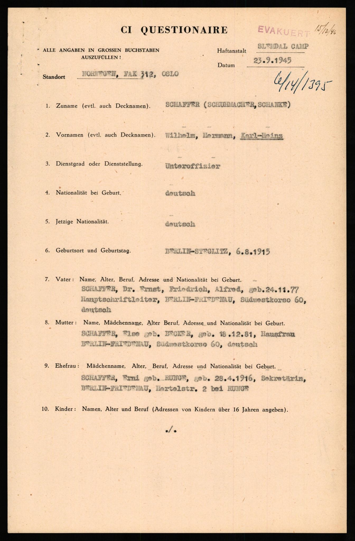 Forsvaret, Forsvarets overkommando II, RA/RAFA-3915/D/Db/L0029: CI Questionaires. Tyske okkupasjonsstyrker i Norge. Tyskere., 1945-1946, p. 25