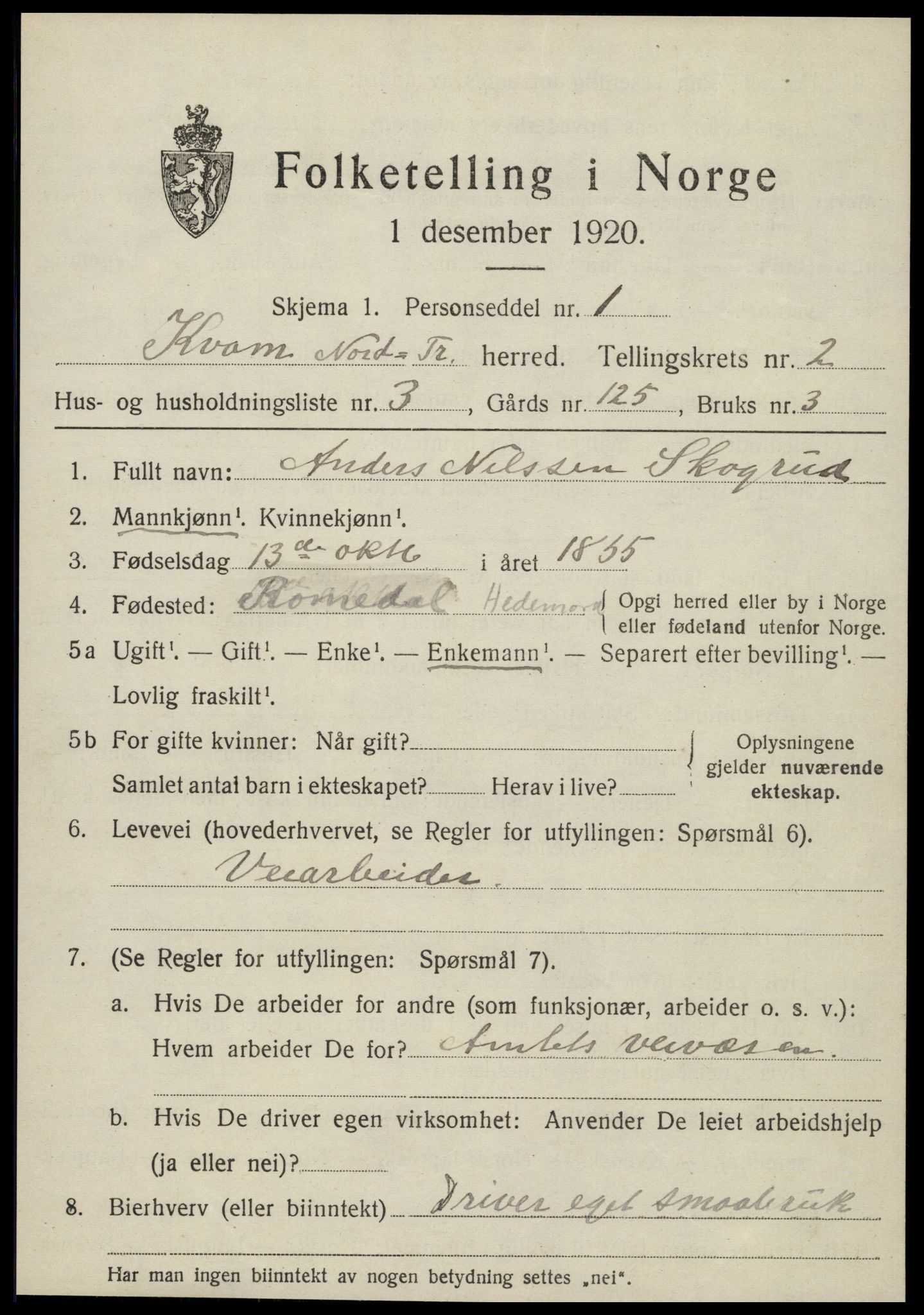 SAT, 1920 census for Kvam, 1920, p. 701