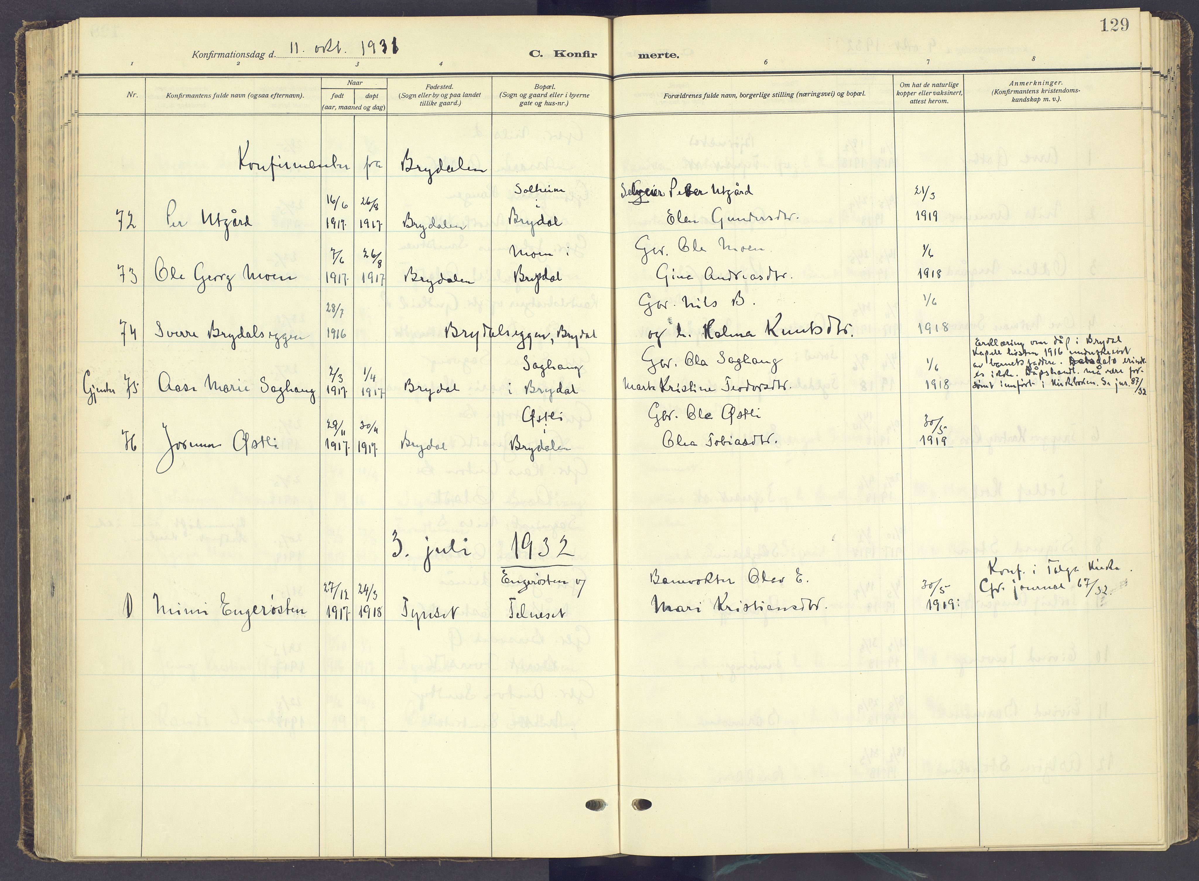 Tynset prestekontor, AV/SAH-PREST-058/H/Ha/Haa/L0027: Parish register (official) no. 27, 1930-1944, p. 129