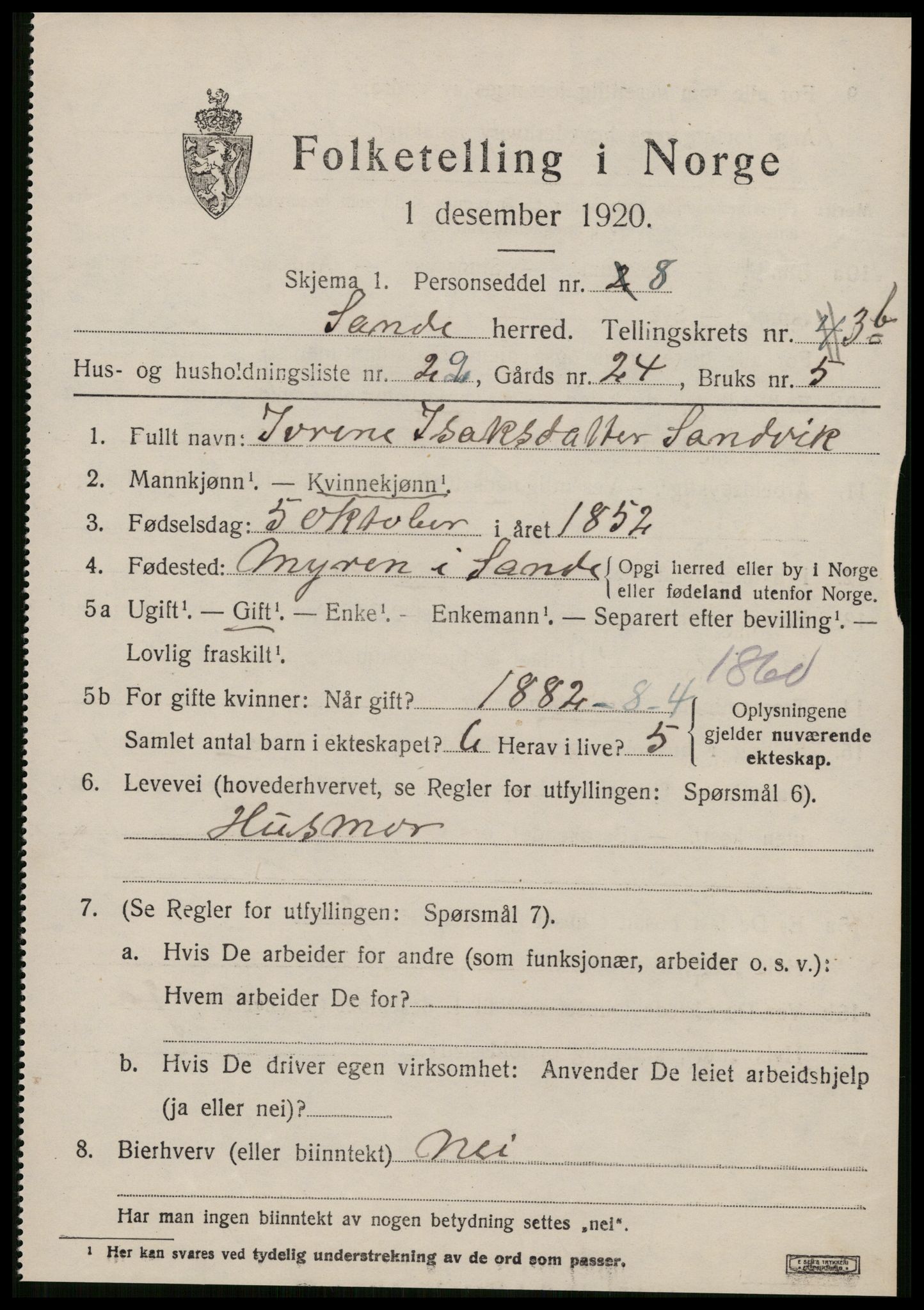 SAT, 1920 census for Sande (MR), 1920, p. 2964