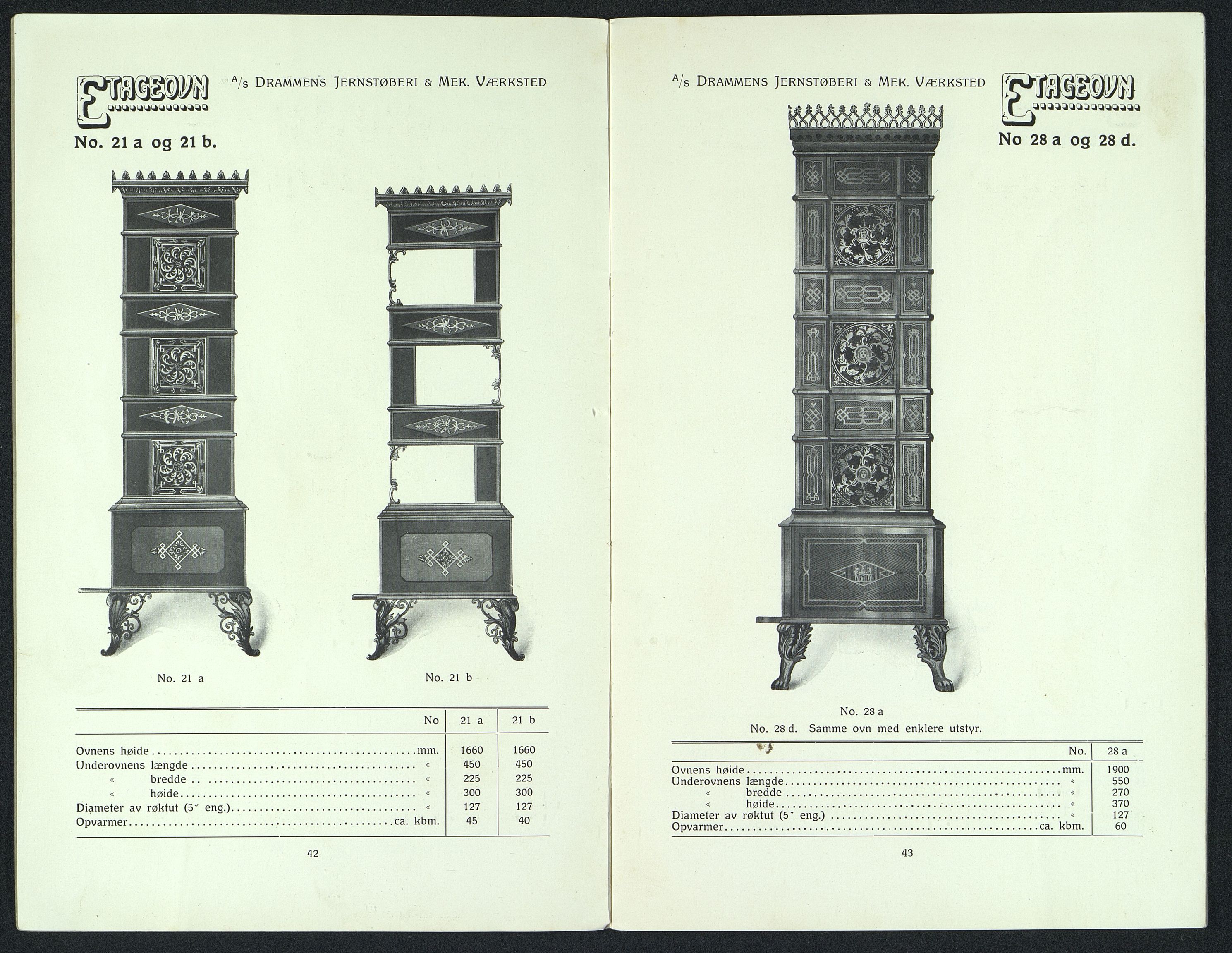 Næs Jernverksmuseets samling av historiske ovnskataloger, NESJ/NJM-006/01/L0042: Drammens Jernstøberi & Mek. Værksted, Støpegods, omtrent 1920-1940, s. 25-56 (etageovne), 1920-1940