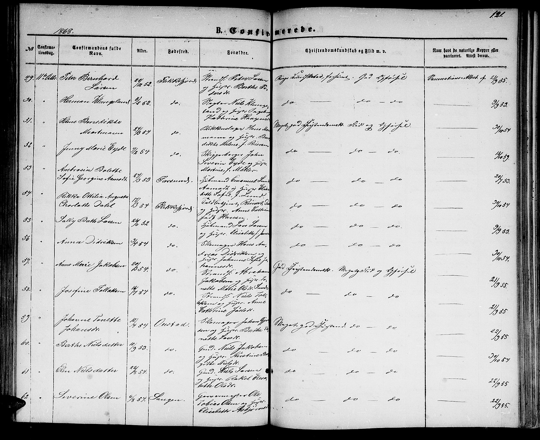 Flekkefjord sokneprestkontor, AV/SAK-1111-0012/F/Fb/Fbc/L0006: Parish register (copy) no. B 6, 1866-1879, p. 121