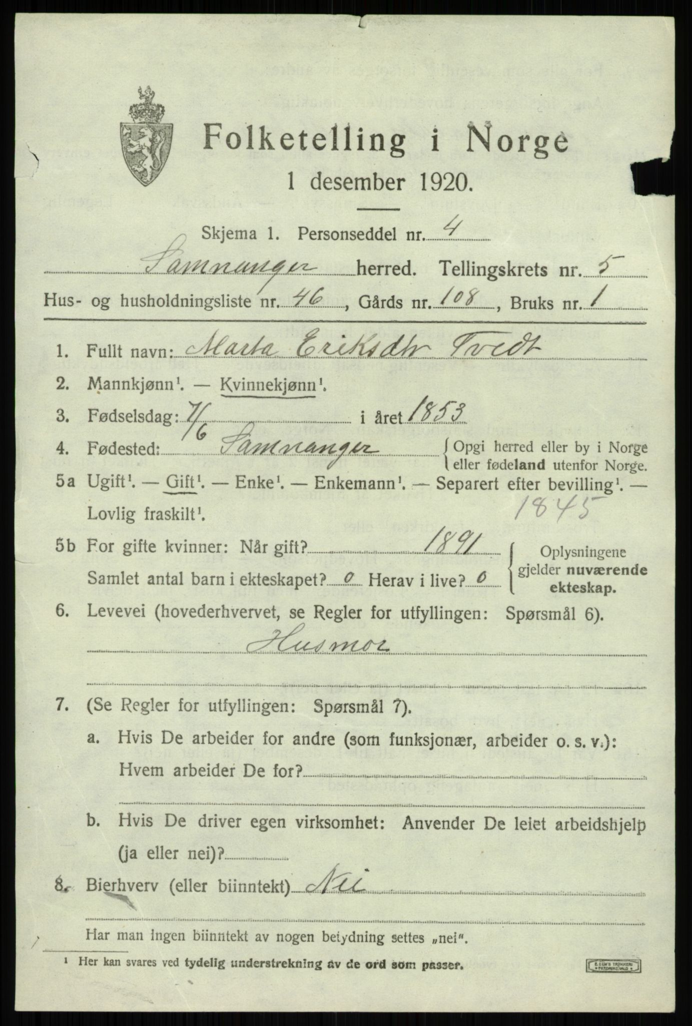 SAB, 1920 census for Samnanger, 1920, p. 2293