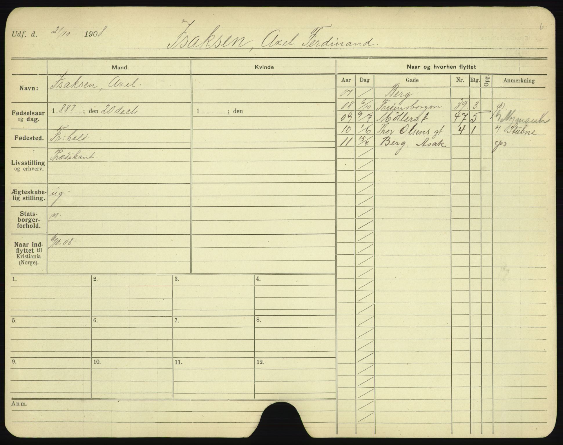 Oslo folkeregister, Registerkort, AV/SAO-A-11715/F/Fa/Fac/L0005: Menn, 1906-1914, p. 20a