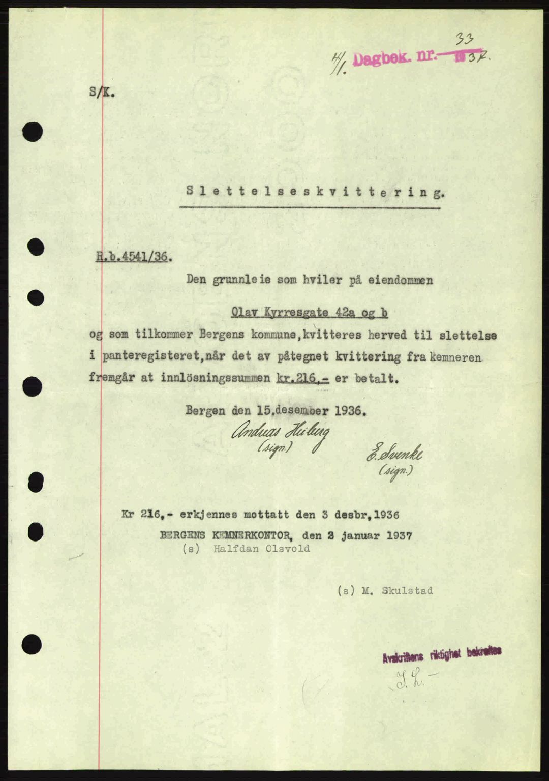 Byfogd og Byskriver i Bergen, SAB/A-3401/03/03Bc/L0004: Mortgage book no. A3-4, 1936-1937, Diary no: : 33/1937