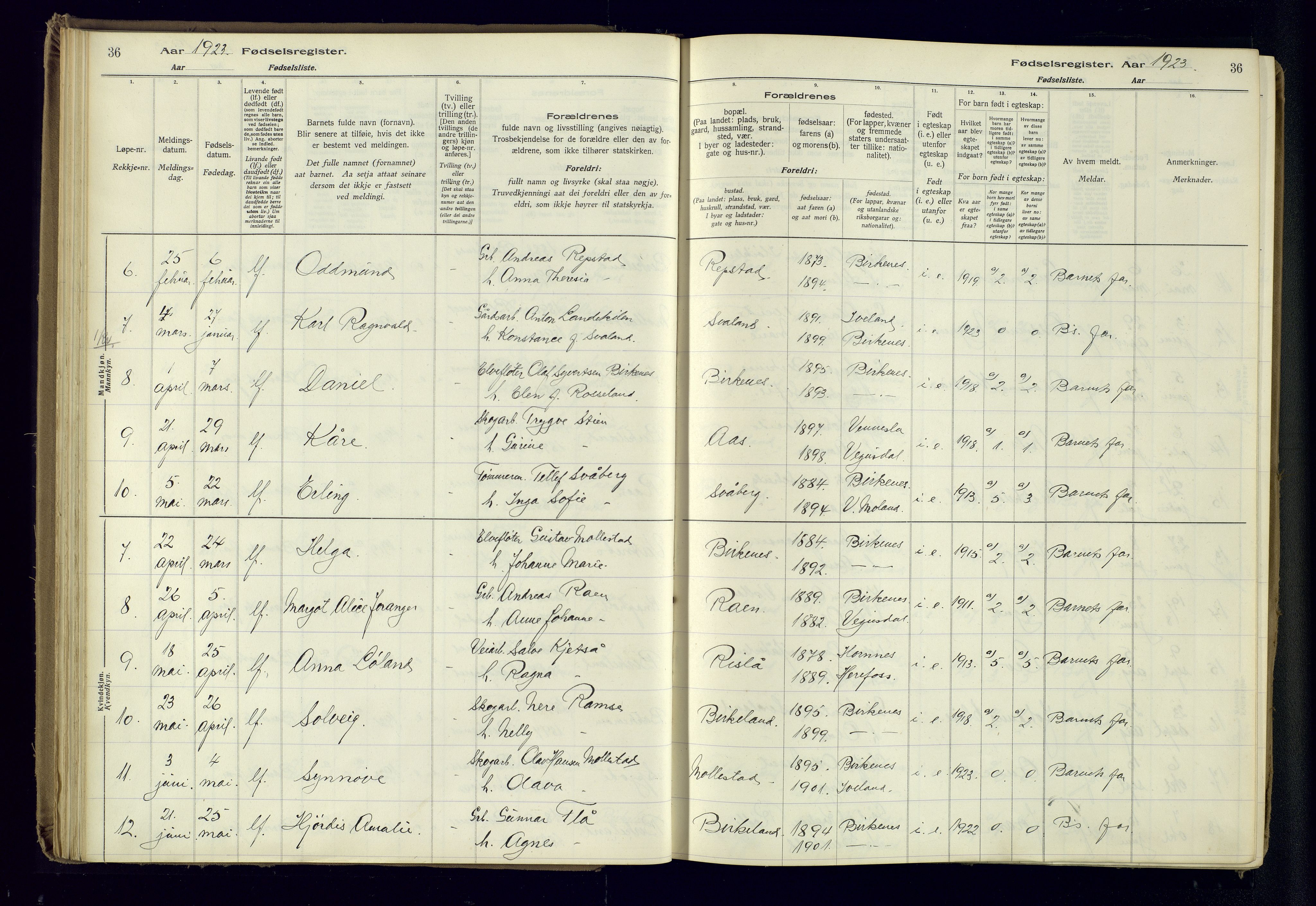 Birkenes sokneprestkontor, AV/SAK-1111-0004/J/Ja/L0001: Birth register no. II.6.4, 1916-1962, p. 36