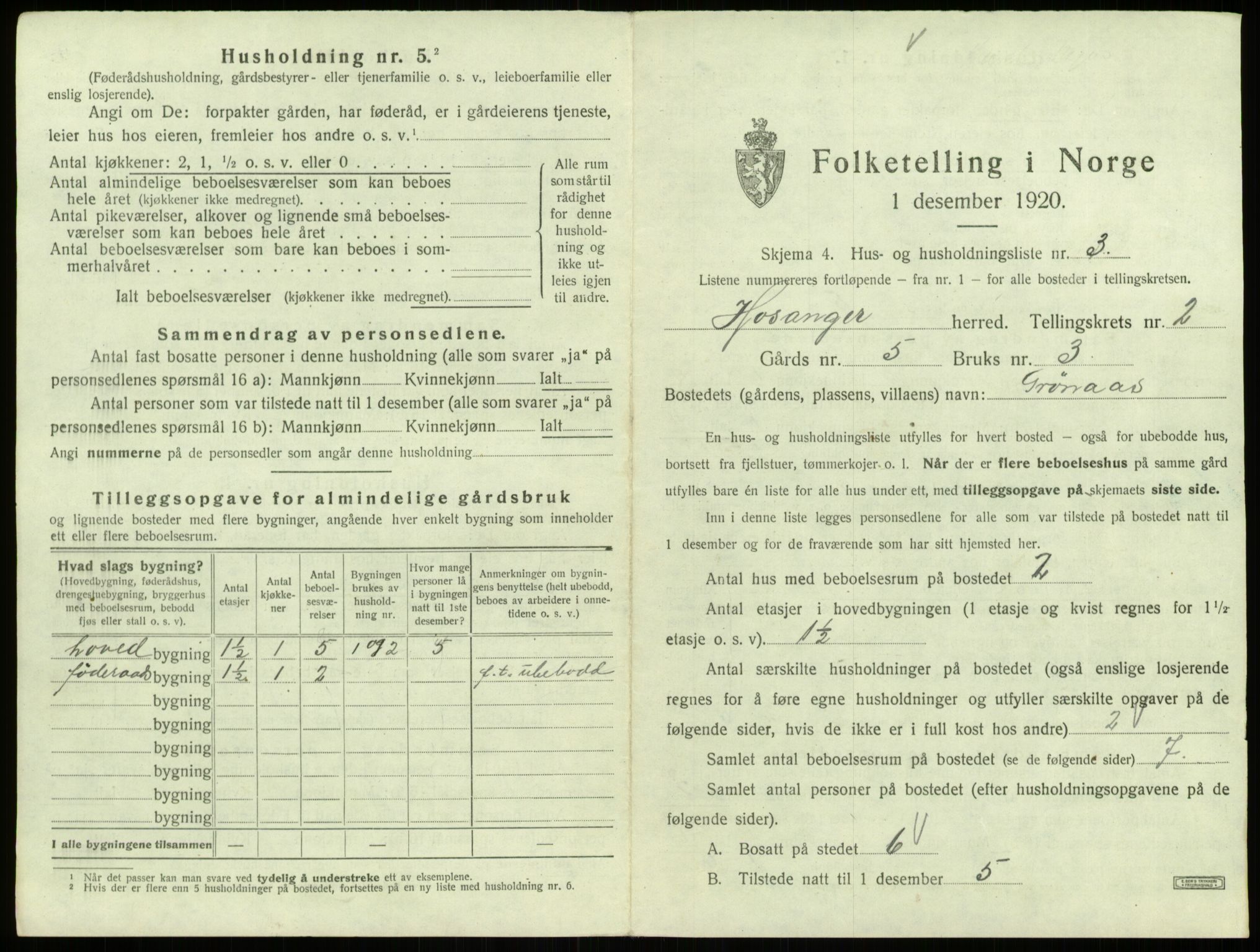 SAB, 1920 census for Hosanger, 1920, p. 102