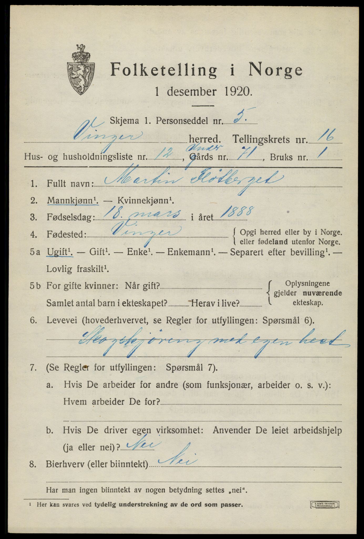 SAH, 1920 census for Vinger, 1920, p. 12186