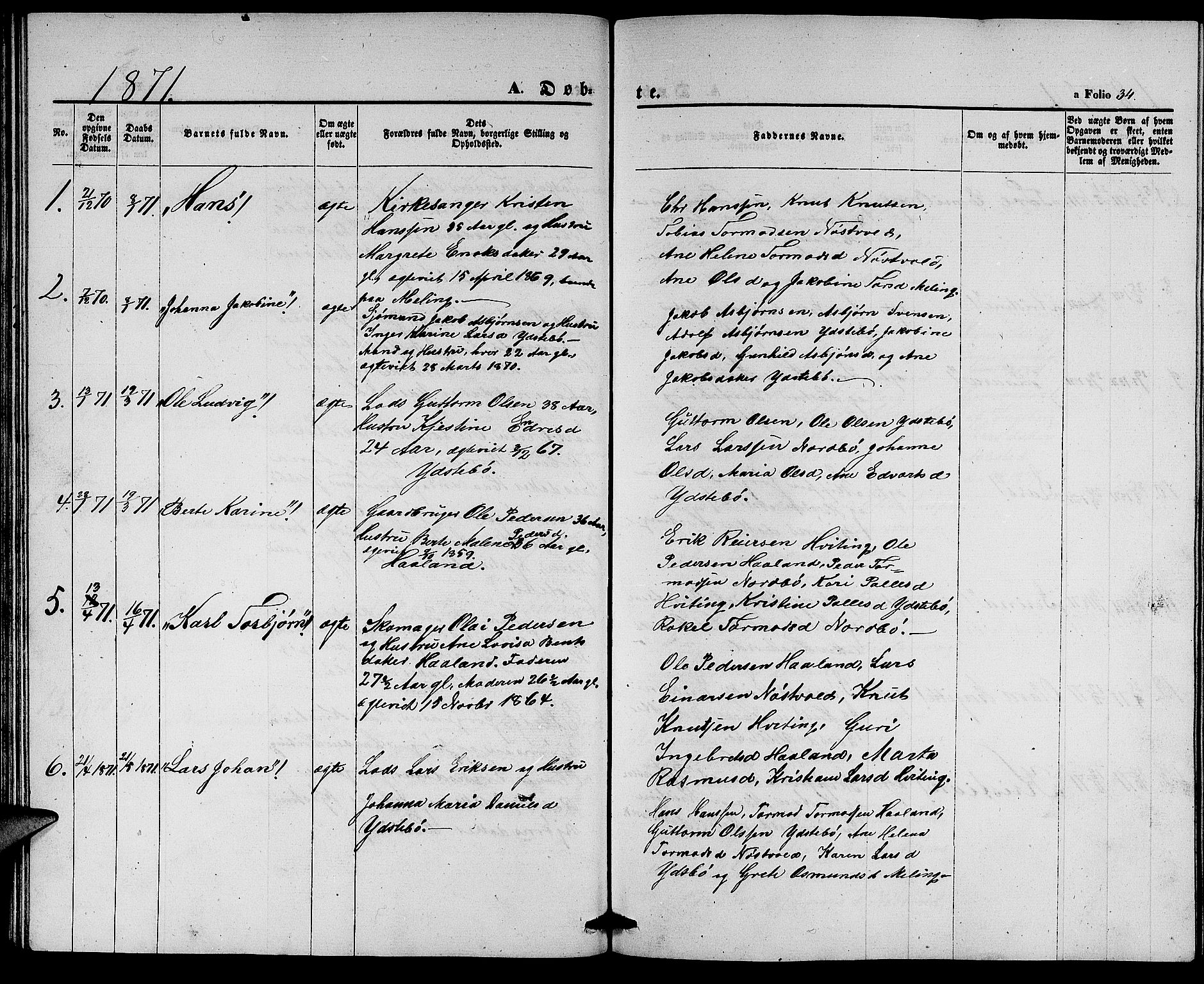 Rennesøy sokneprestkontor, SAST/A -101827/H/Ha/Hab/L0003: Parish register (copy) no. B 3, 1855-1888, p. 34