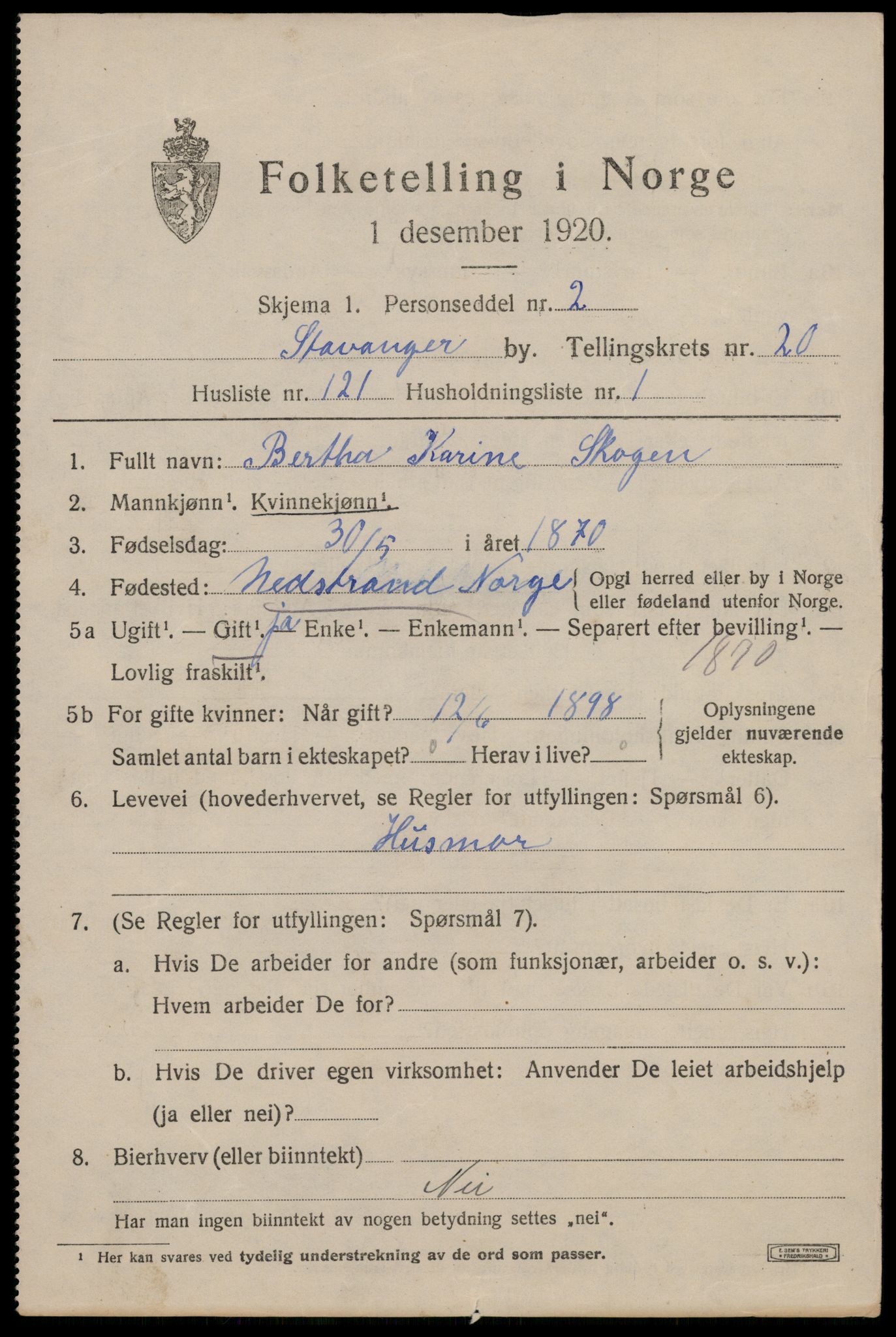 SAST, 1920 census for Stavanger, 1920, p. 72020