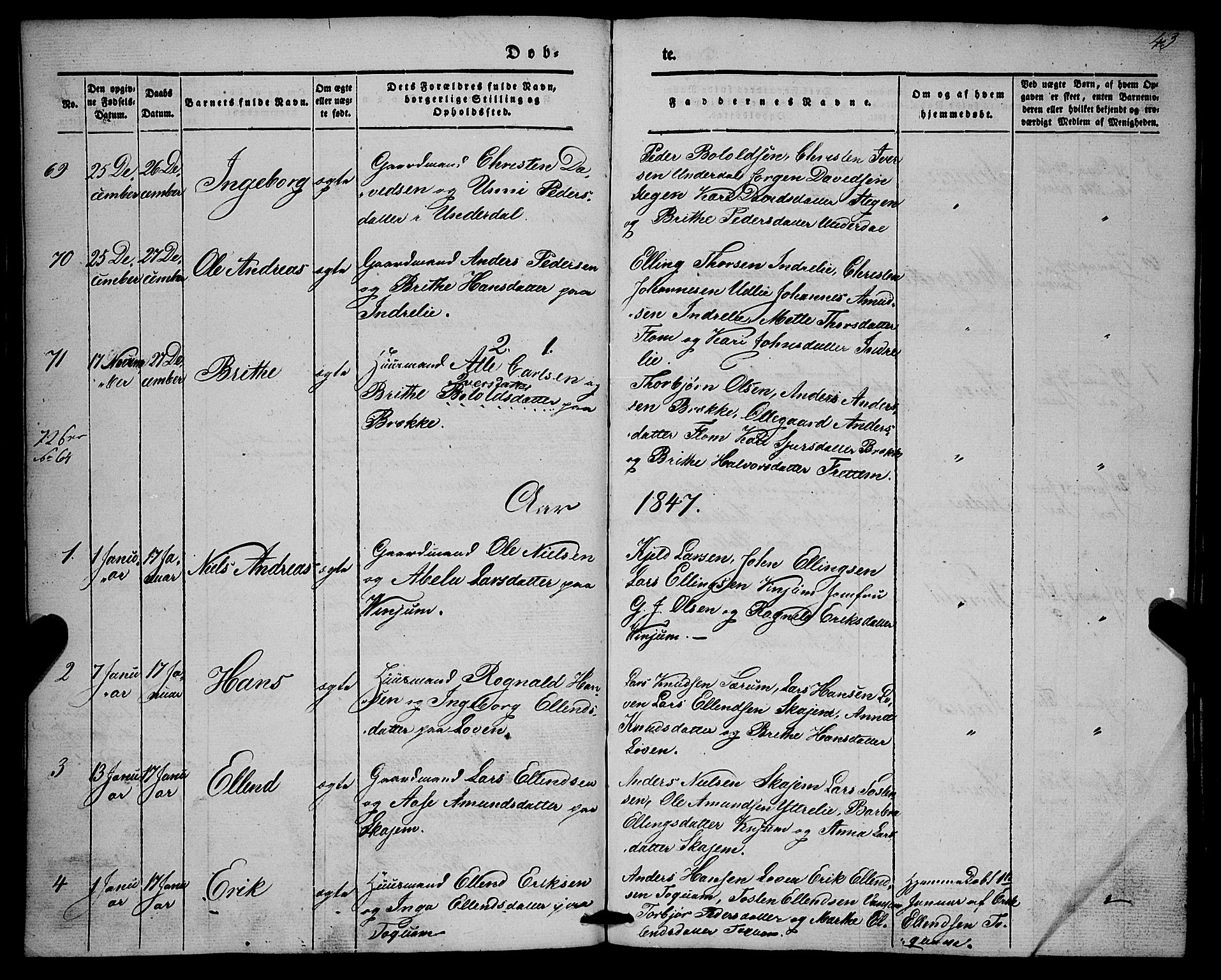 Aurland sokneprestembete, SAB/A-99937/H/Ha/Haa/L0007: Parish register (official) no. A 7, 1842-1853, p. 43