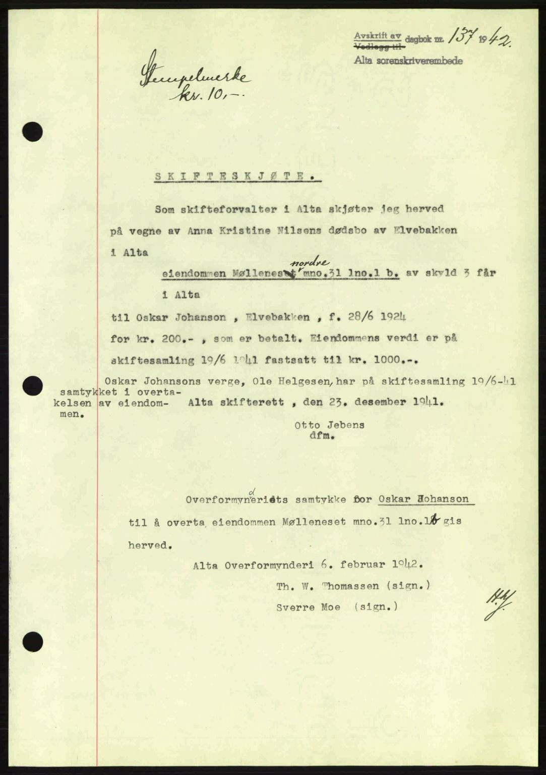 Alta fogderi/sorenskriveri, SATØ/SATØ-5/1/K/Kd/L0033pantebok: Mortgage book no. 33, 1940-1943, Diary no: : 137/1942