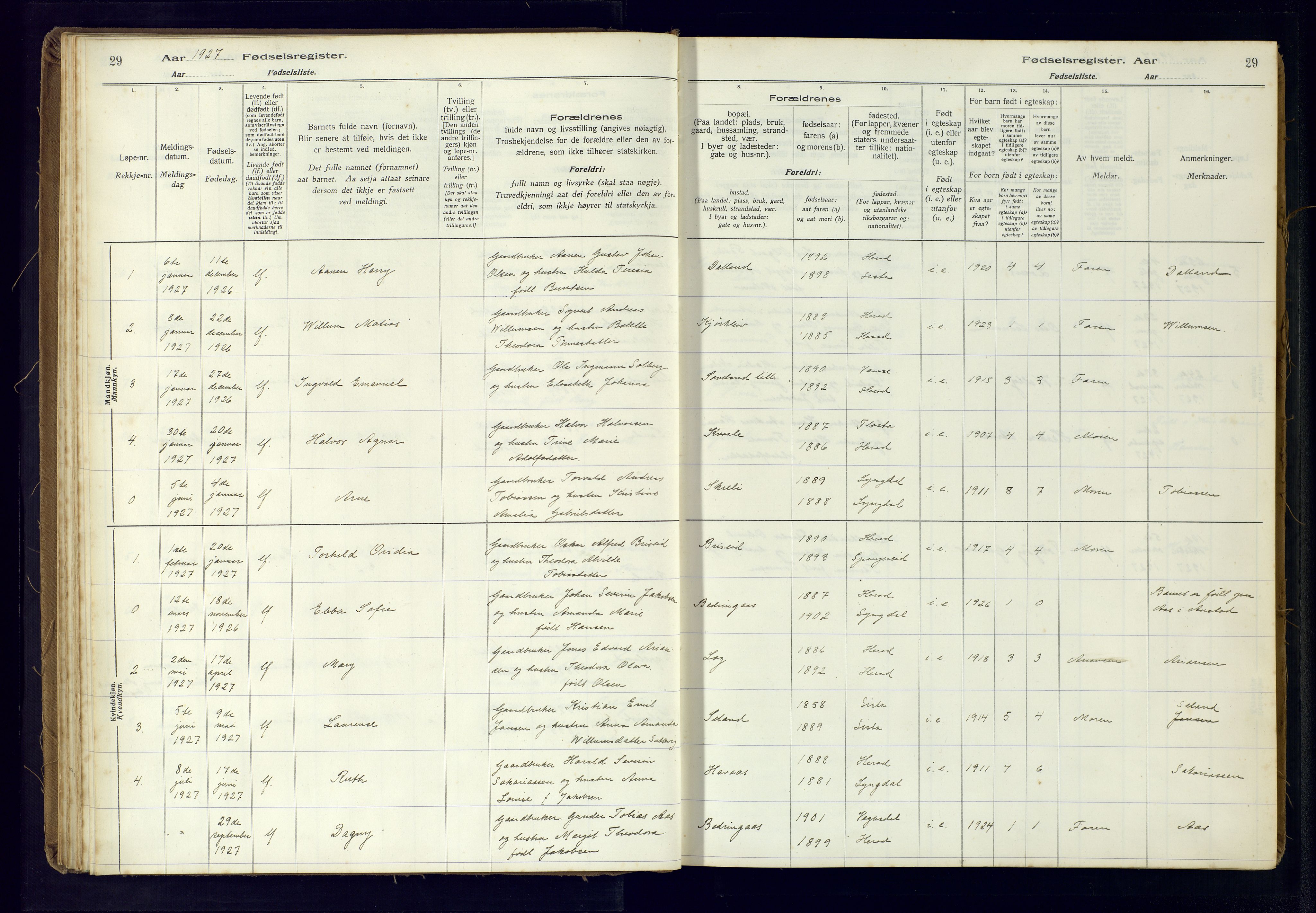 Herad sokneprestkontor, AV/SAK-1111-0018/J/Ja/L0001: Birth register no. A-VI-12, 1916-1981, p. 29