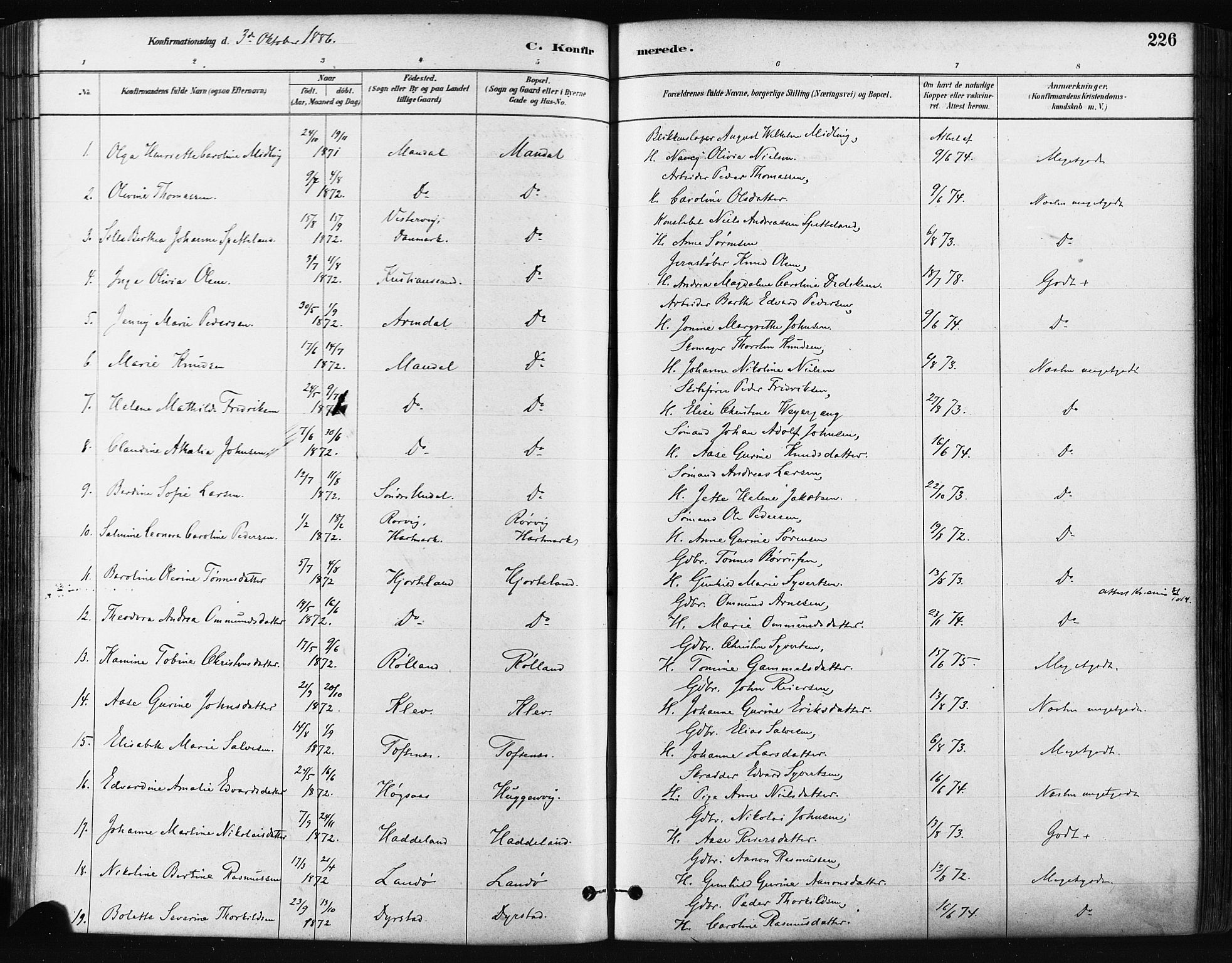 Mandal sokneprestkontor, AV/SAK-1111-0030/F/Fa/Faa/L0016: Parish register (official) no. A 16, 1880-1890, p. 226