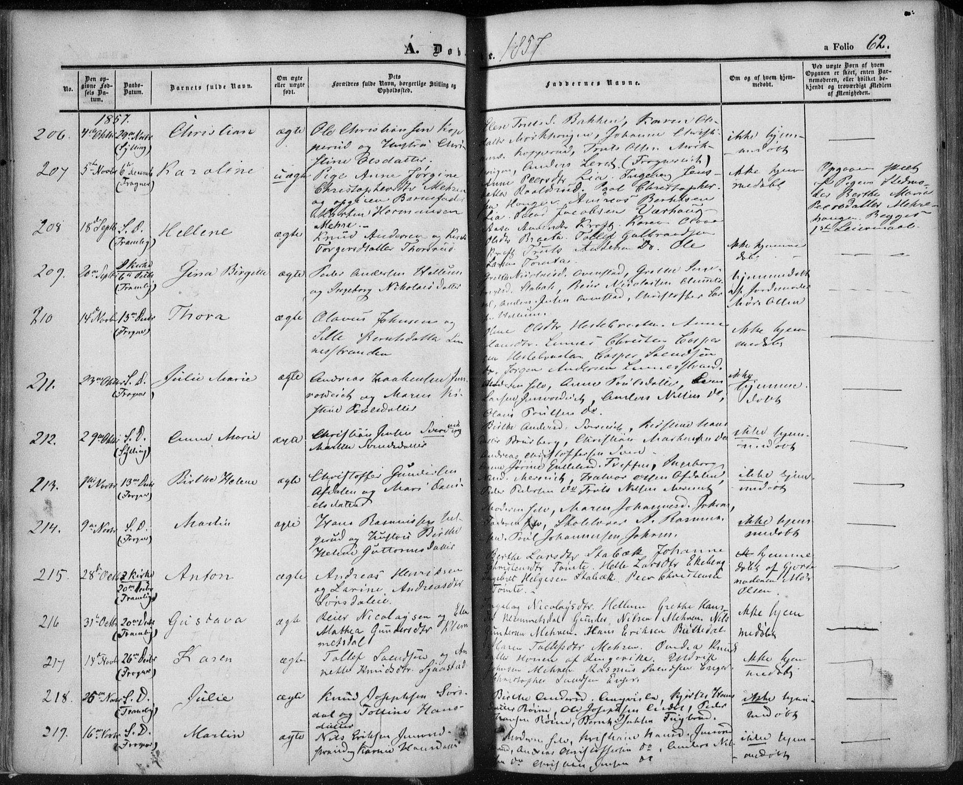 Lier kirkebøker, AV/SAKO-A-230/F/Fa/L0012: Parish register (official) no. I 12, 1854-1864, p. 62