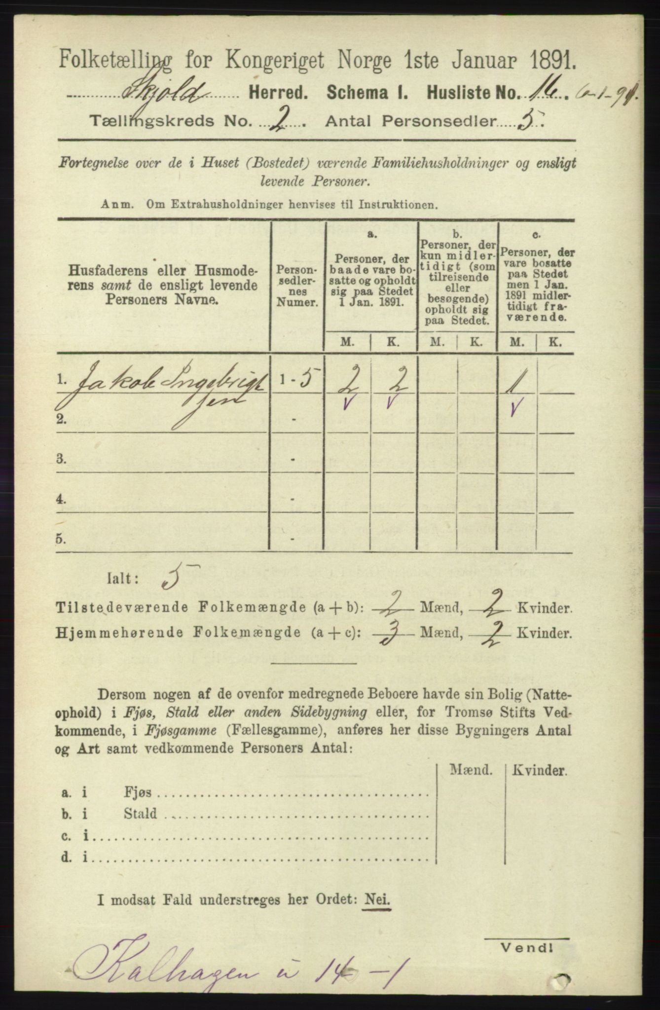 RA, 1891 census for 1154 Skjold, 1891, p. 280