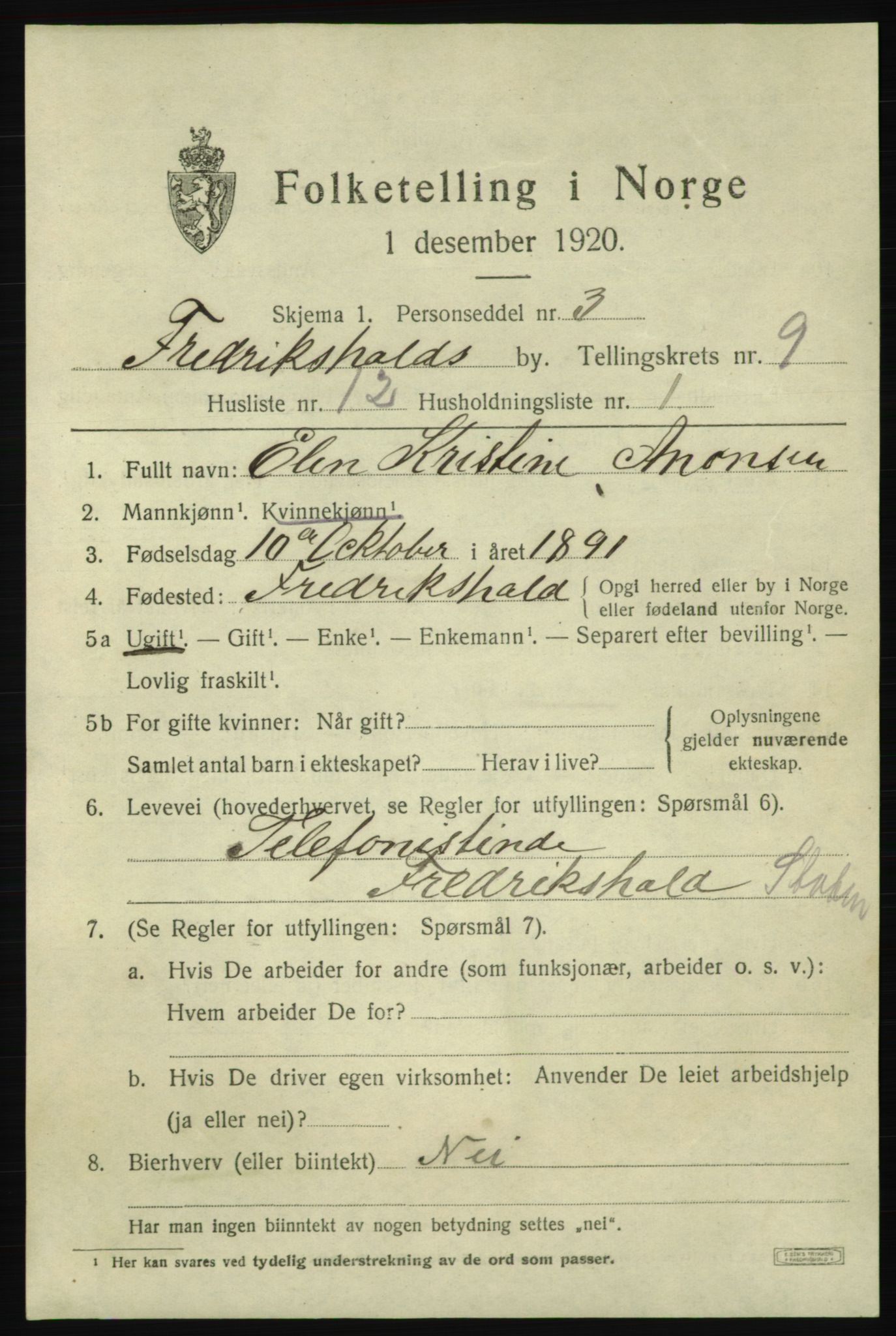 SAO, 1920 census for Fredrikshald, 1920, p. 16030