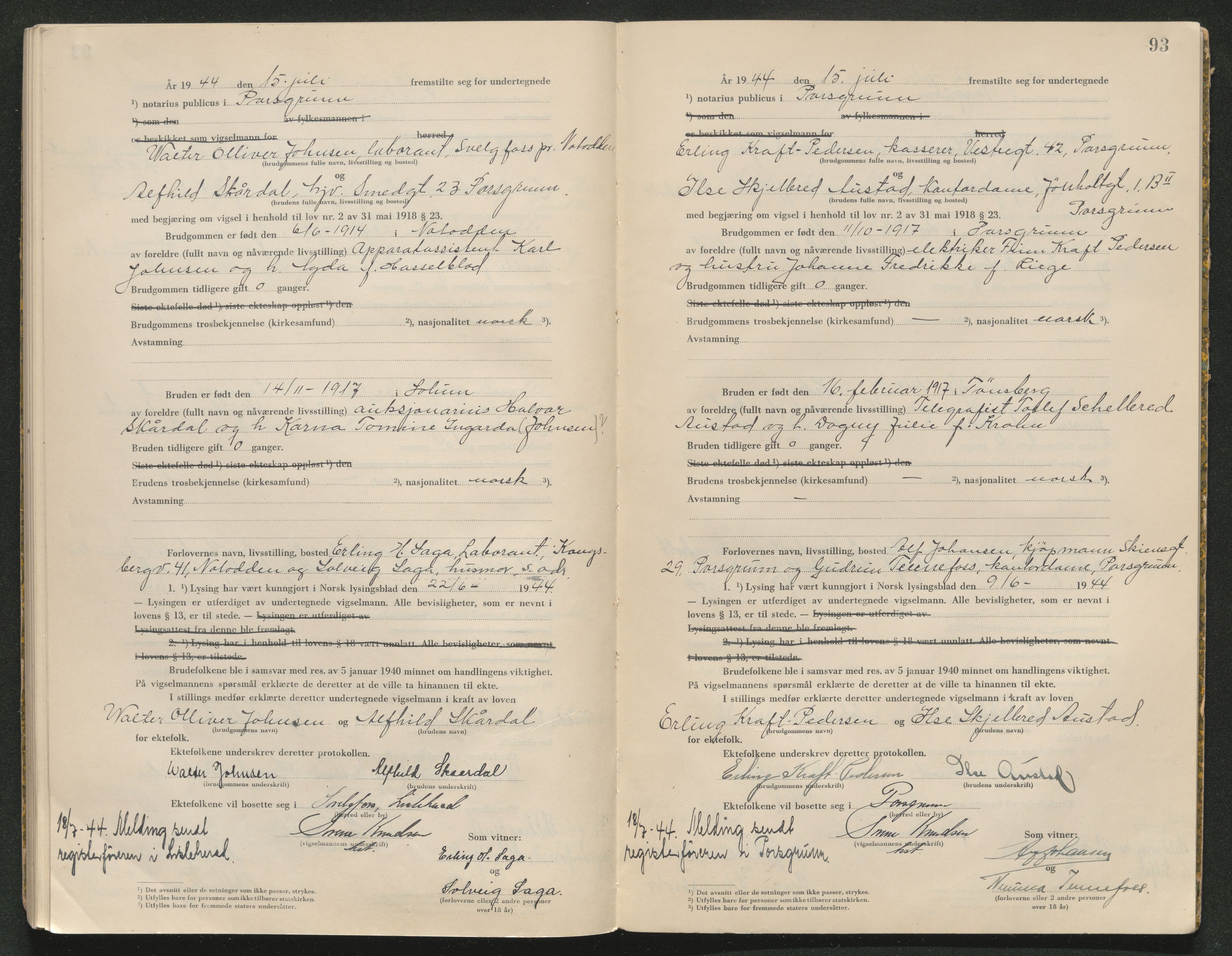 Gjerpen sorenskriveri, SAKO/A-216/L/Lb/L0001: Vigselsprotokoll, 1920-1948, p. 93