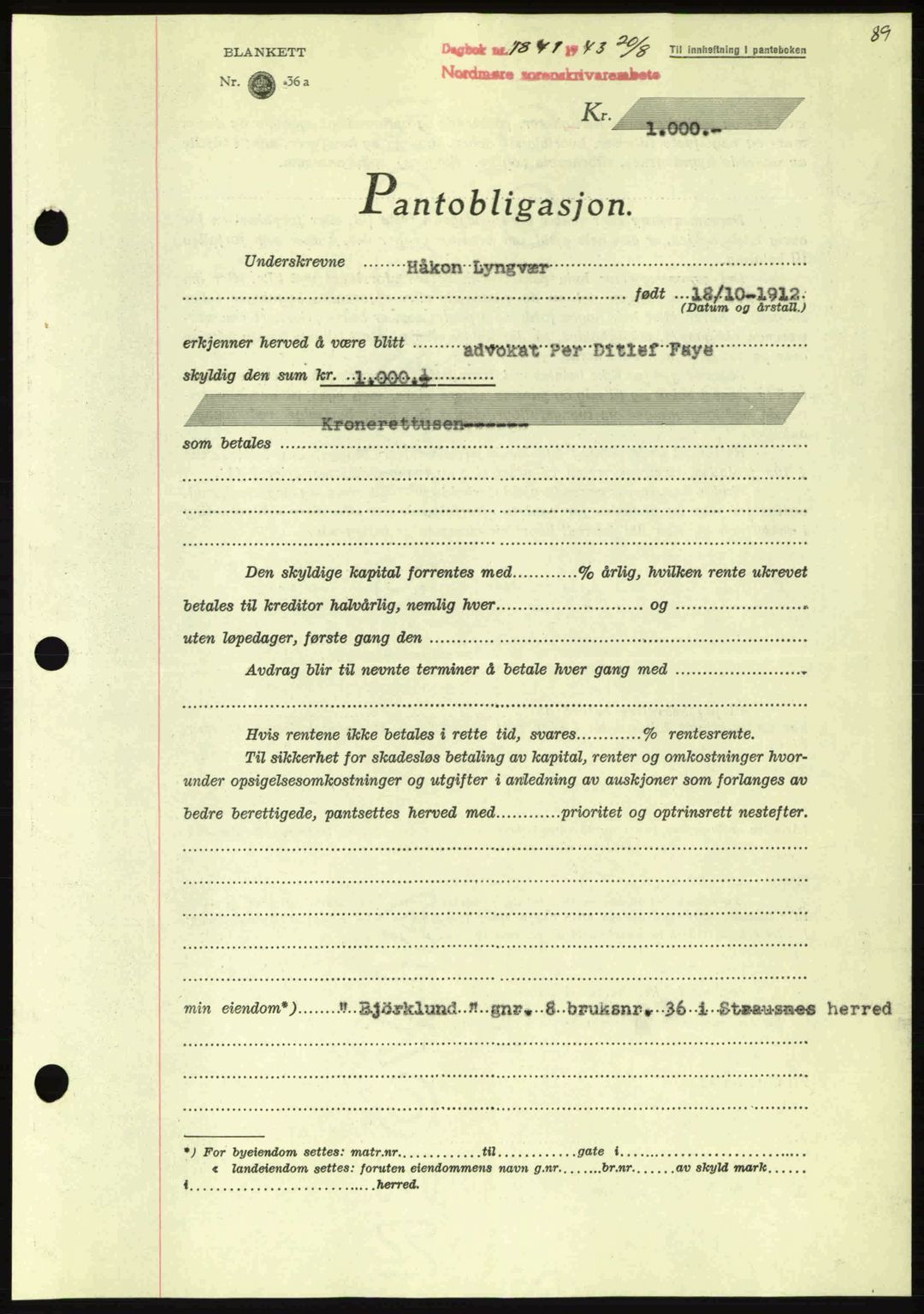 Nordmøre sorenskriveri, AV/SAT-A-4132/1/2/2Ca: Mortgage book no. B91, 1943-1944, Diary no: : 1841/1943