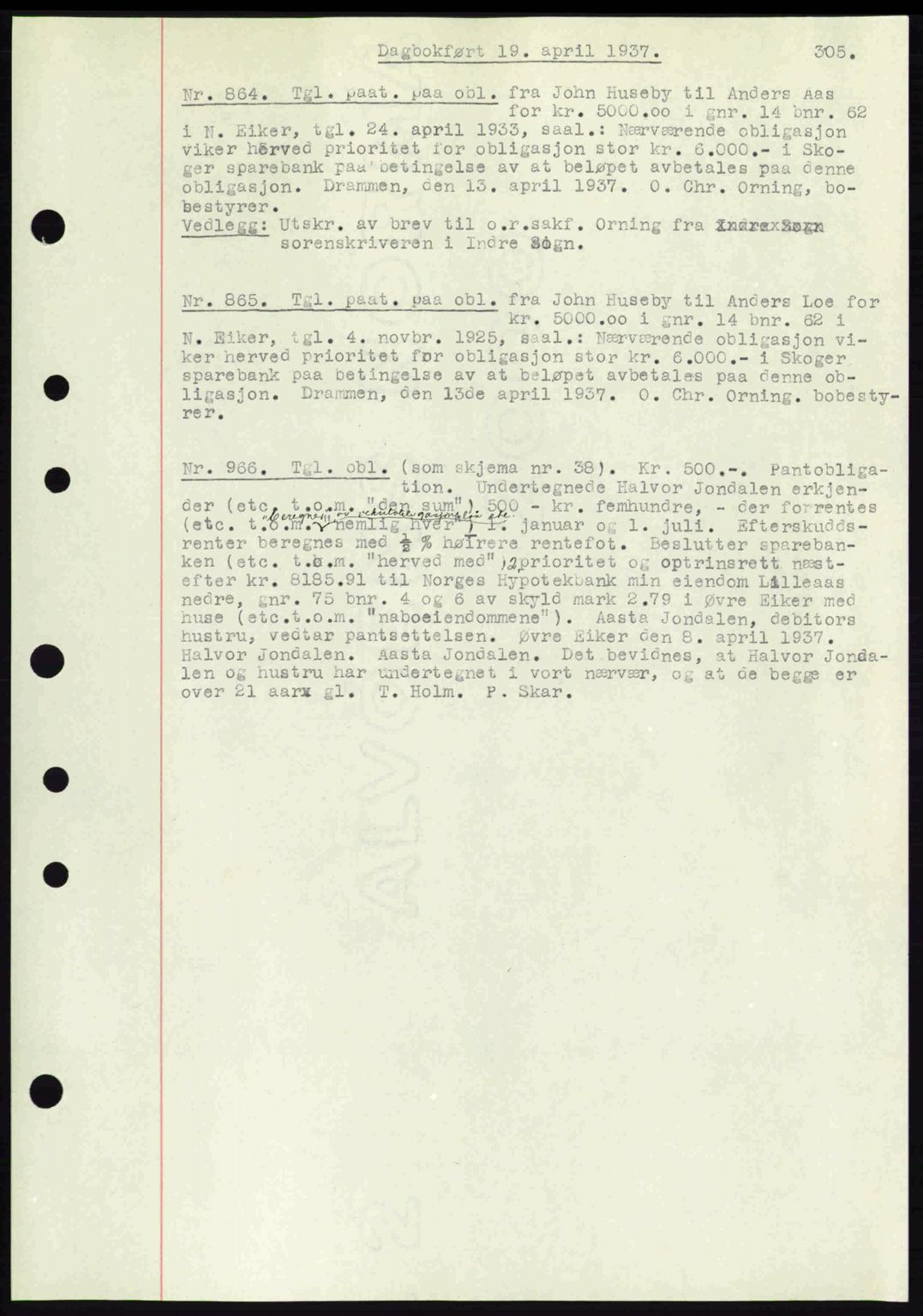 Eiker, Modum og Sigdal sorenskriveri, SAKO/A-123/G/Ga/Gab/L0035: Mortgage book no. A5, 1937-1937, Diary no: : 864/1937