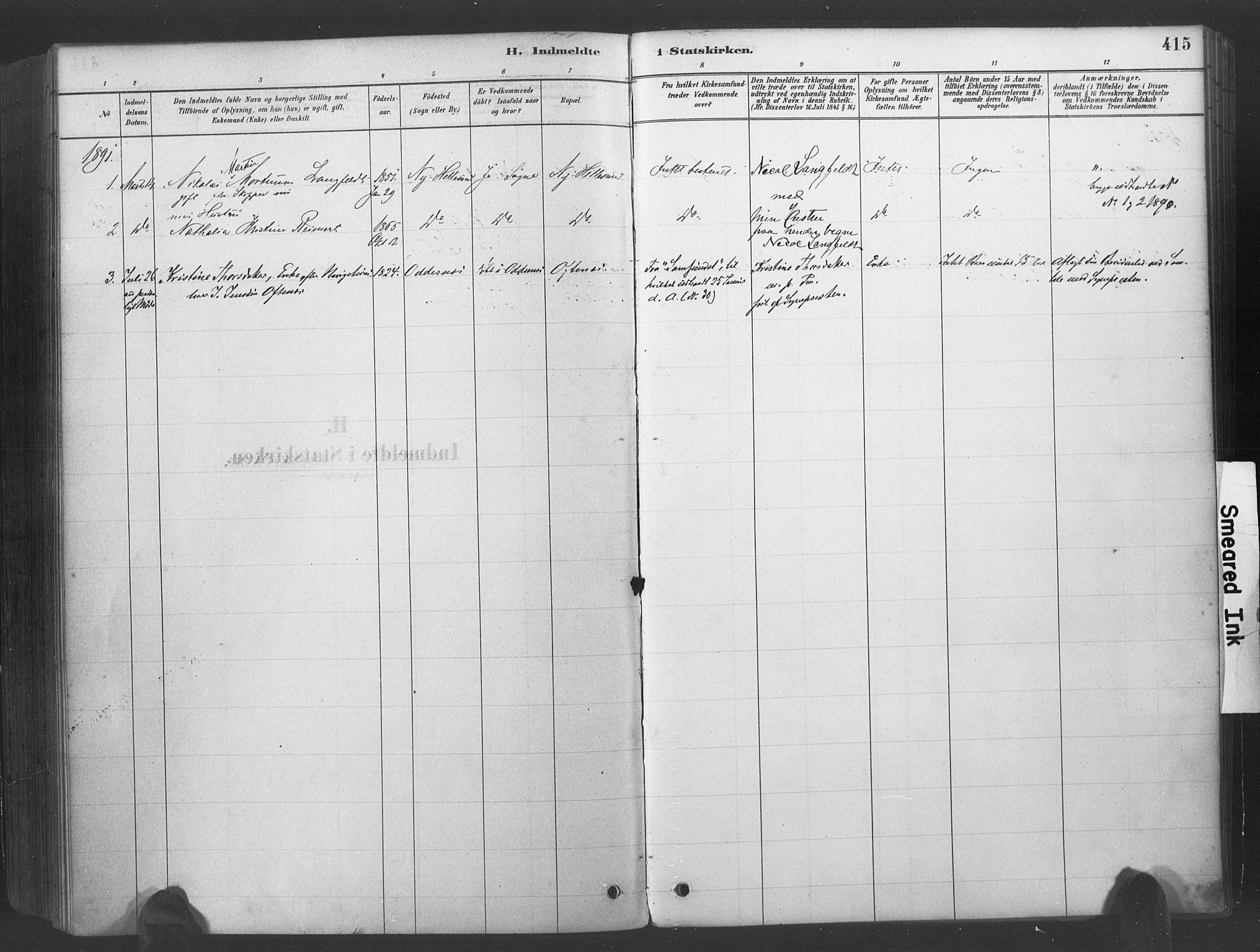 Søgne sokneprestkontor, SAK/1111-0037/F/Fa/Fab/L0012: Parish register (official) no. A 12, 1880-1891, p. 415