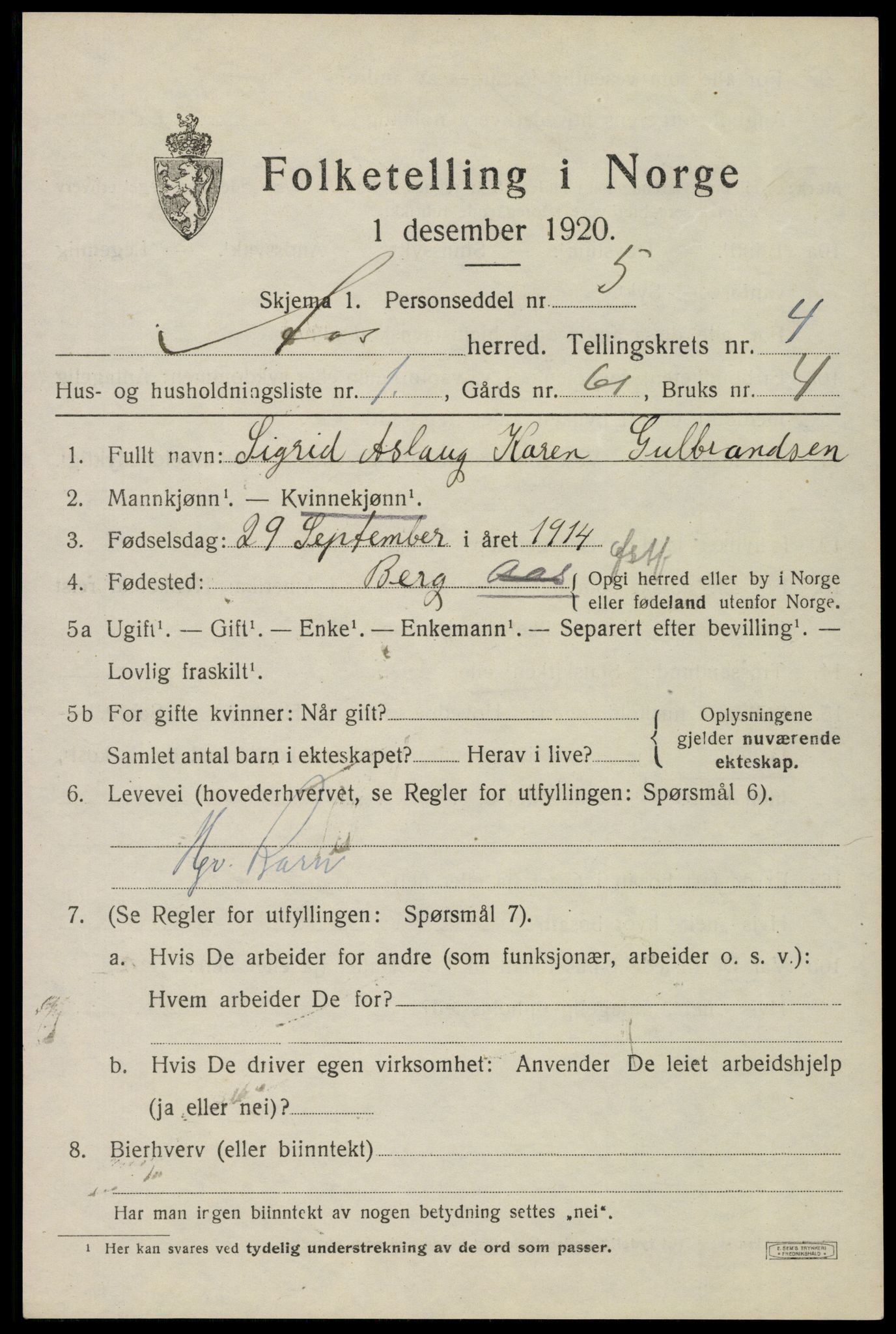 SAO, 1920 census for Ås, 1920, p. 4734