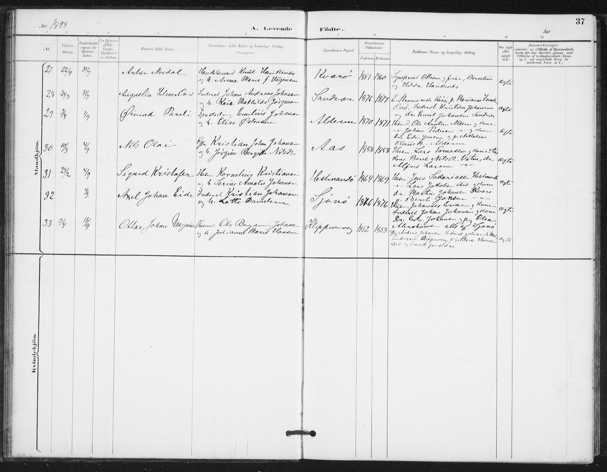 Ministerialprotokoller, klokkerbøker og fødselsregistre - Nordland, AV/SAT-A-1459/839/L0573: Parish register (copy) no. 839C03, 1892-1917, p. 37