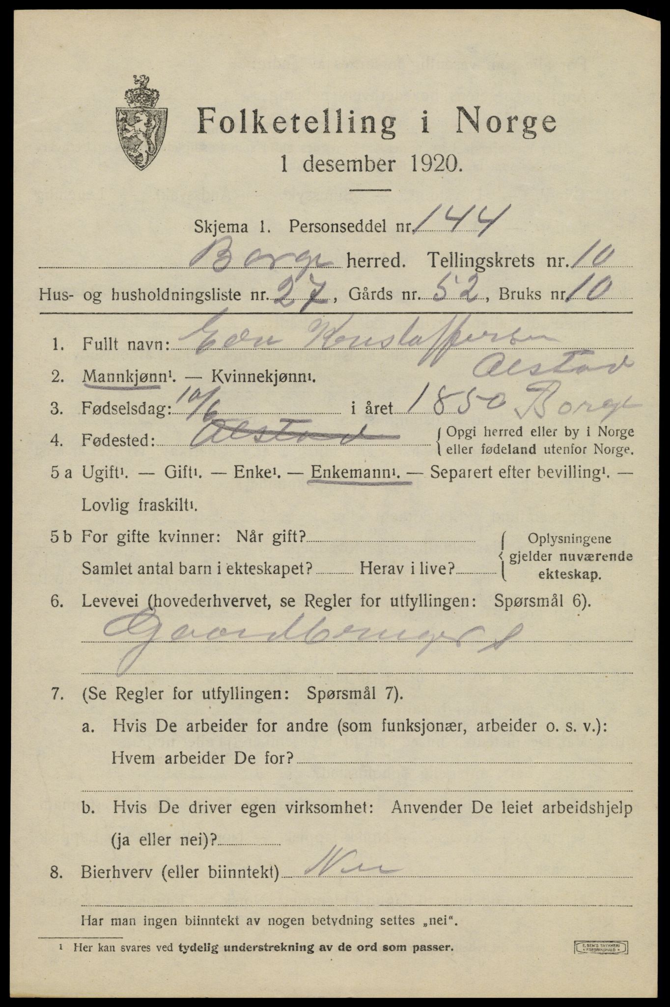 SAT, 1920 census for Borge, 1920, p. 8987