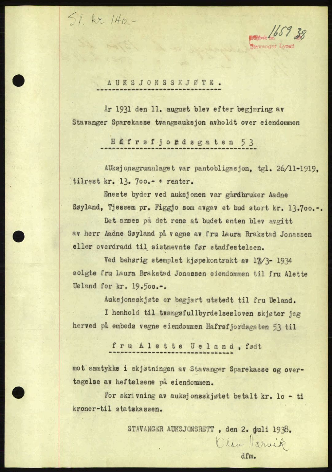 Stavanger byrett, SAST/A-100455/002/G/Gb/L0013: Mortgage book no. A3, 1937-1938, Diary no: : 1659/1938